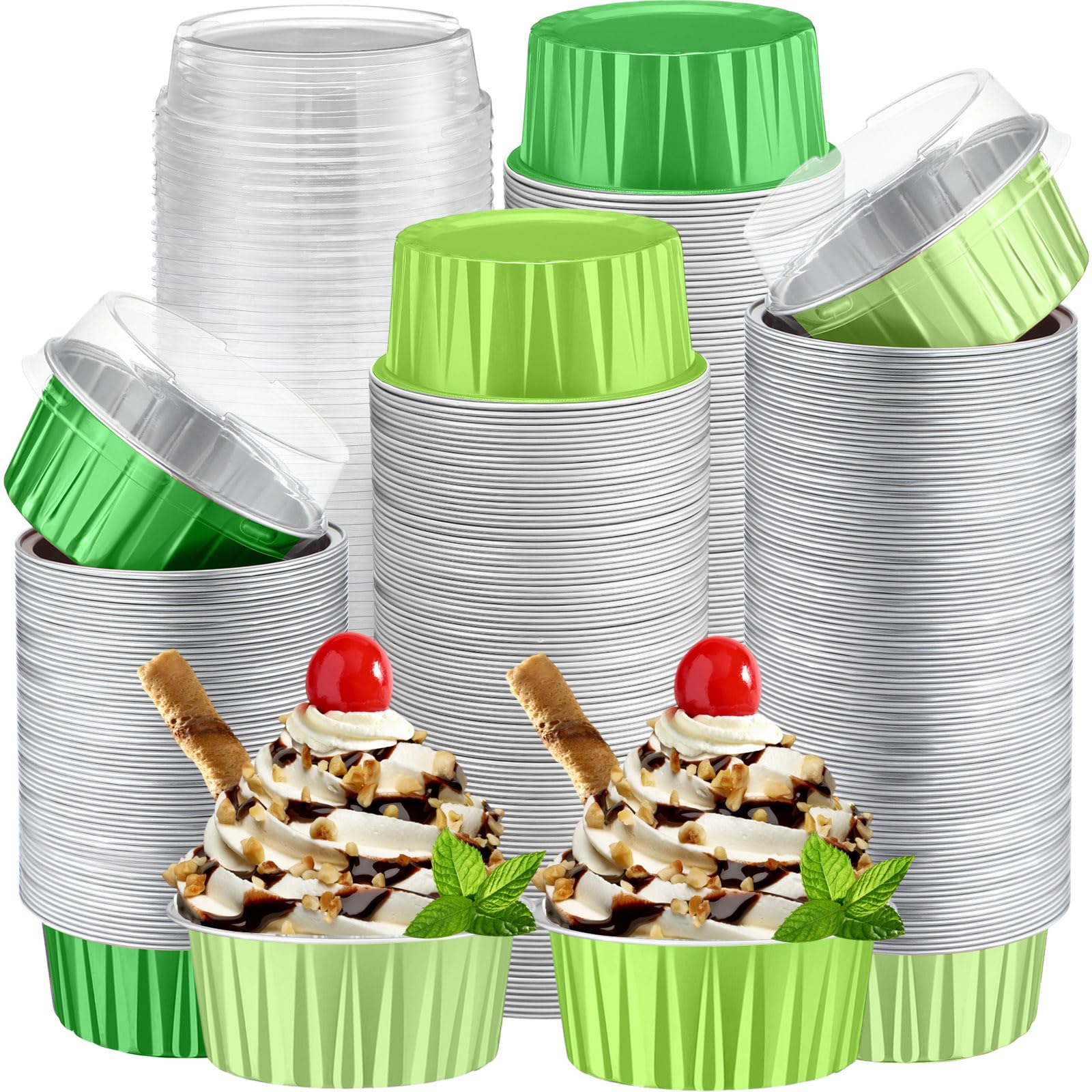 Gandeer 200 Pack Aluminum Foil Cupcake Liners with Lids, 5 oz Round Baking Cup, Disposable Ramekin Container for Mothers Day, G