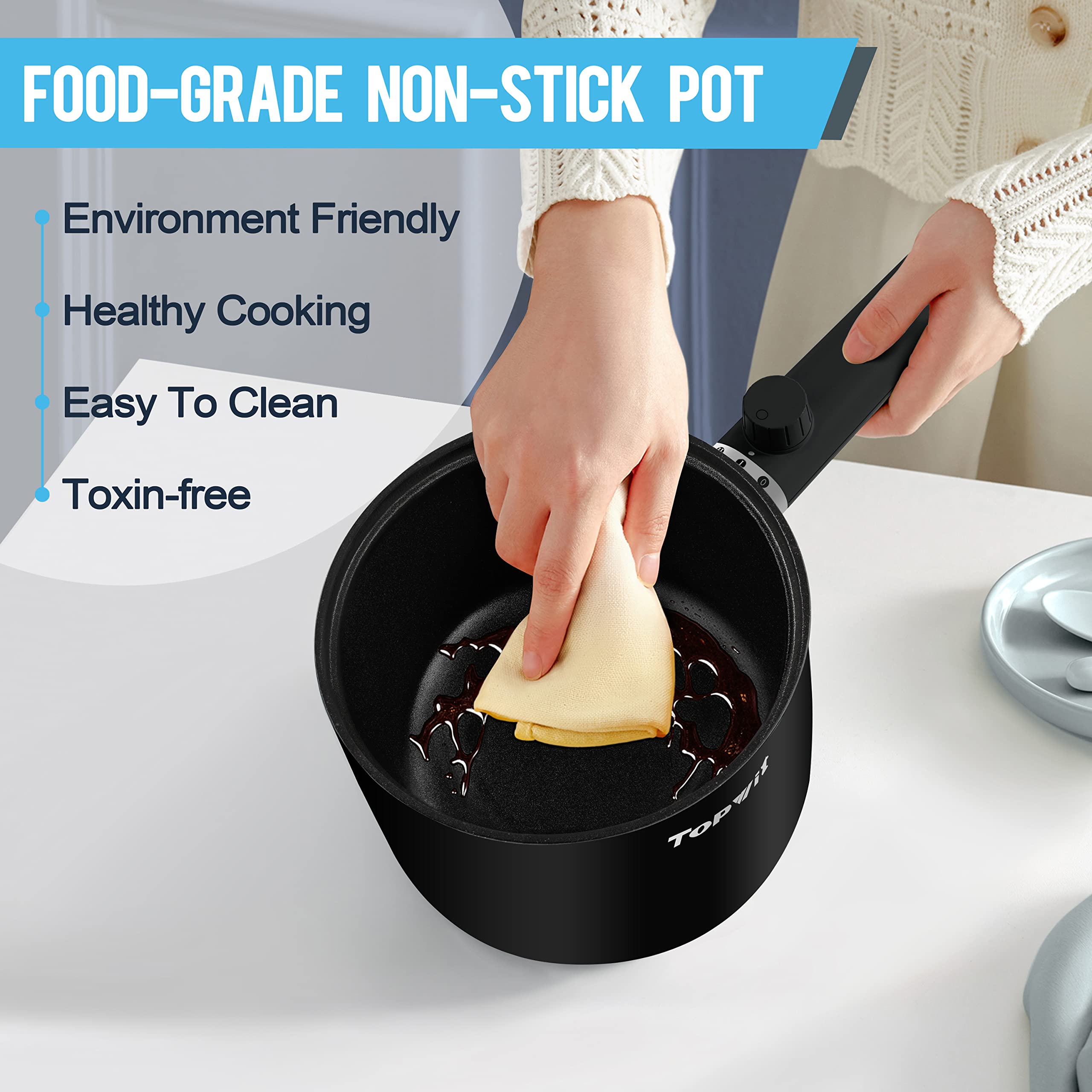 Topwit Hot Pot Electric  1.5L Ramen Cooker  Portable Non-Stick Frying Pan  Electric Pot for Pasta  Steak  BPA Free  Cooker with Dual Power Control  Over-Heating & Boil Dry Protection  Black