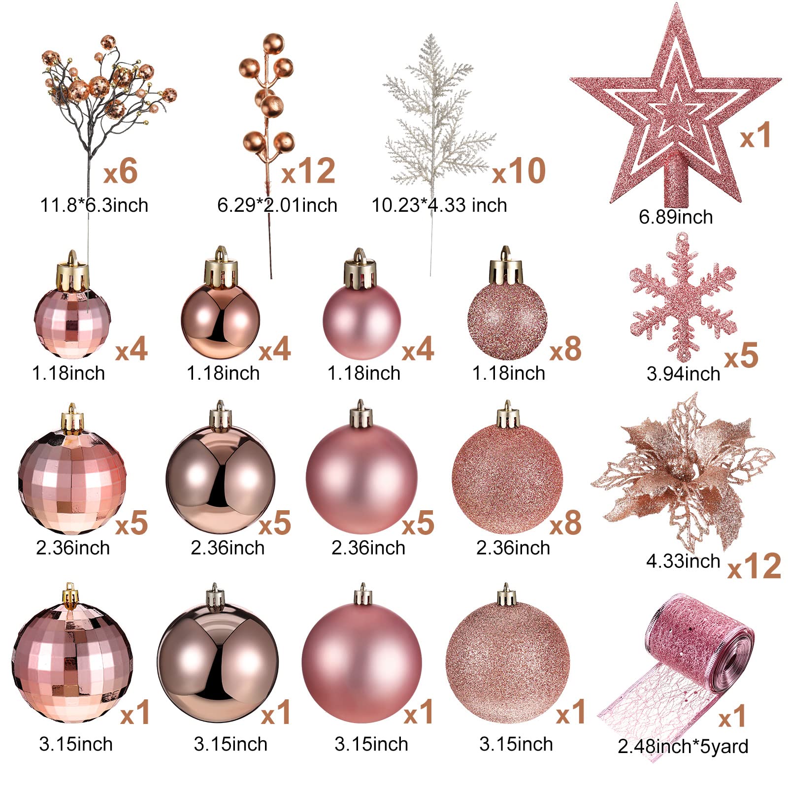 Sratte 94 Pcs Christmas Tree Decorations Set, Christmas Tree Ball Ornaments Glitter Poinsettia Flowers Decorations Glitter Berri