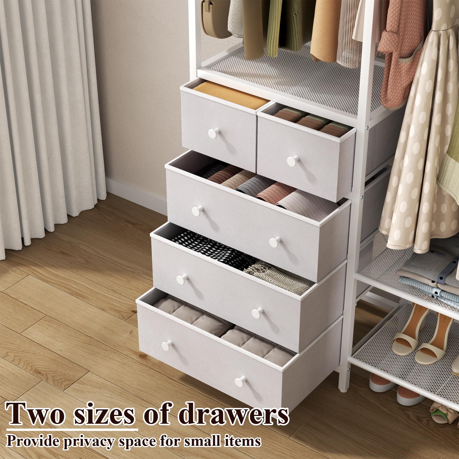 Auromie Clothes Rack With 5 Drawers & 4 Storage Shelves, 59.1W*70.9H Heavy Duty Clothing Rack With 2 Hanging Rods, Wardrobe Clos