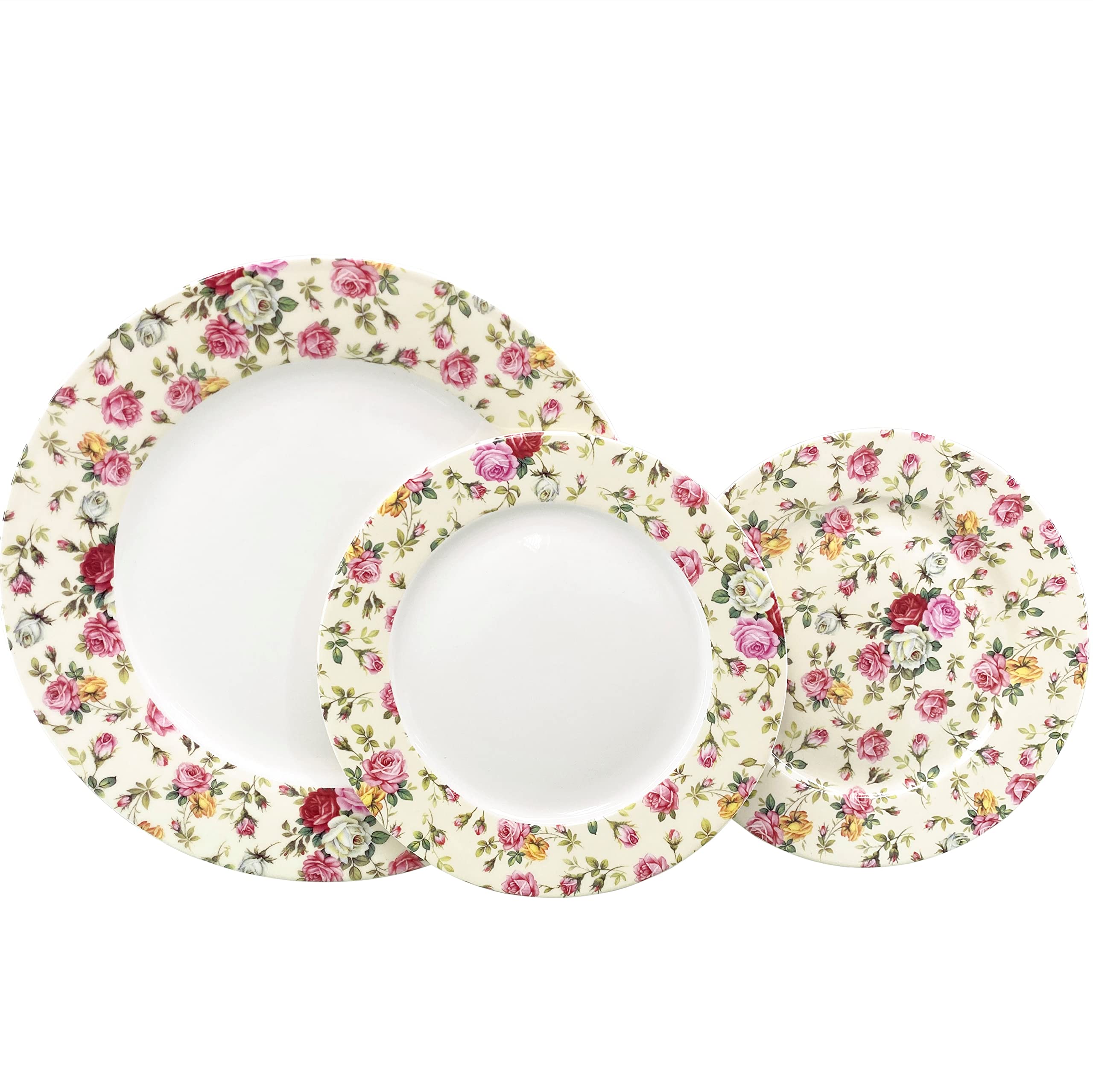 Gracie China By Coastline Imports Cream Rose Chintz All Over Set Of 4 Dessert Salad Plates, 8-Inch, Pink Yellow