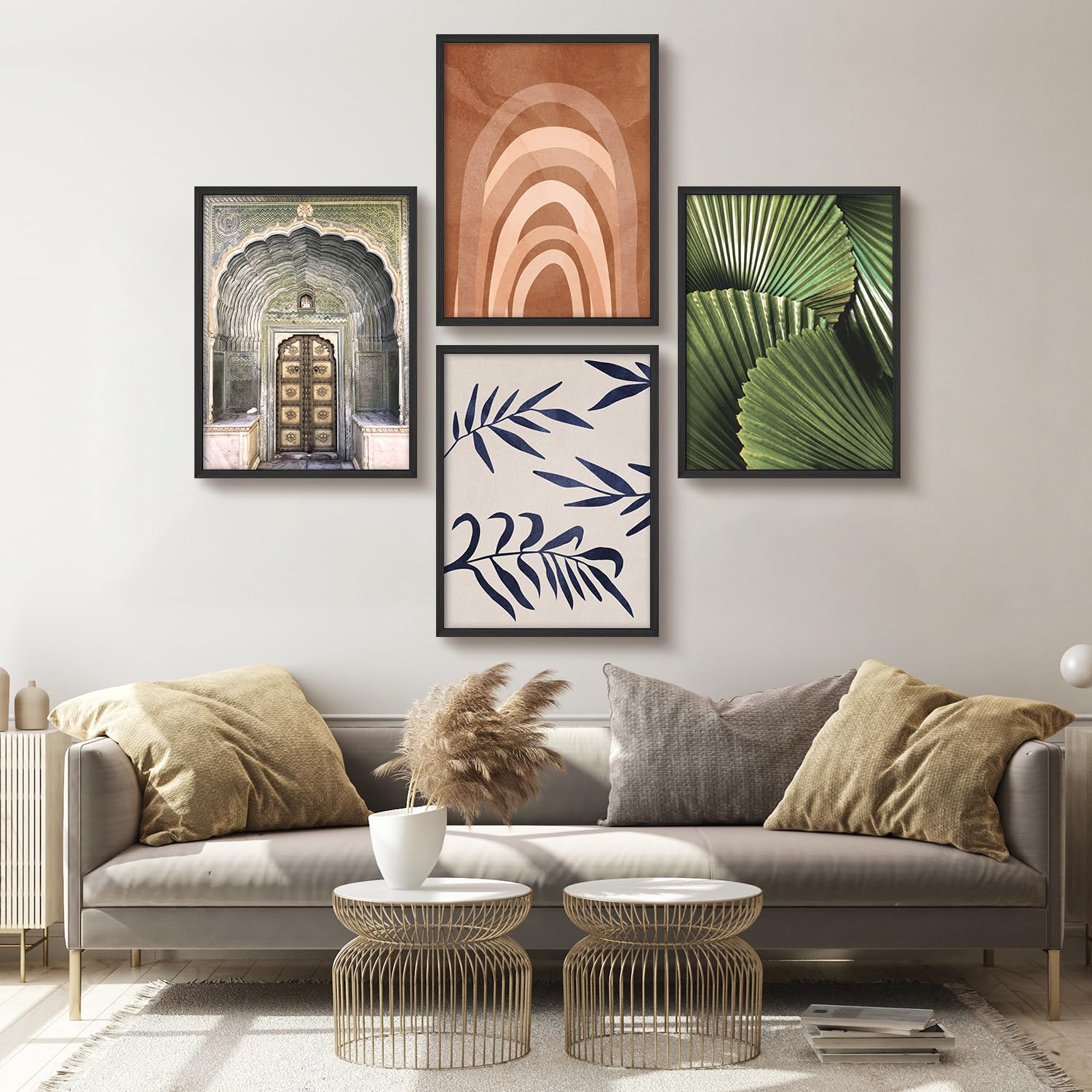 Signwin Framed Poster Set Exotic And Botanical Vintage Doorway, Abstract Arches, Botanical Leaves Illustrations Modern Art Decor
