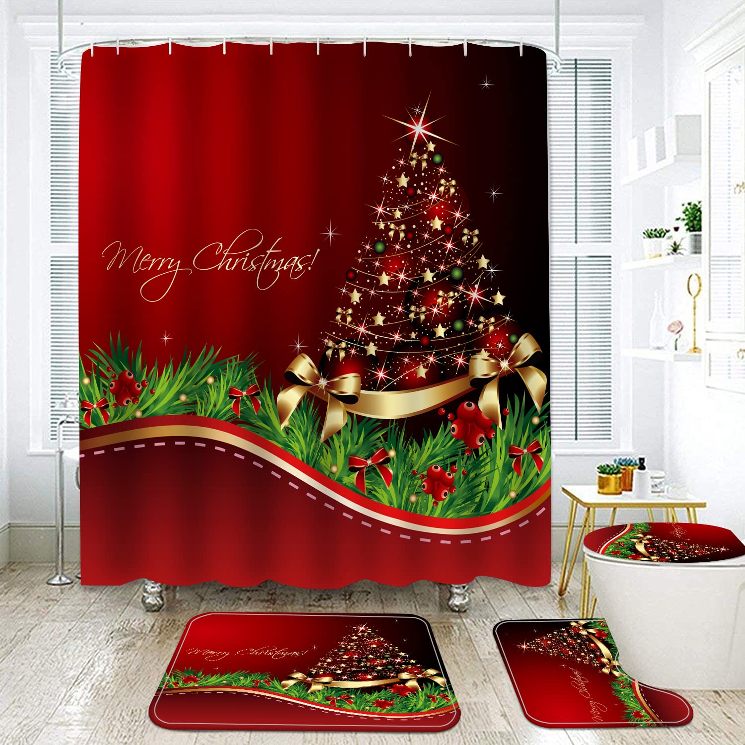 Rlhhug Christmas Shower Curtain Set With Bath Mat (Christmas Tree)
