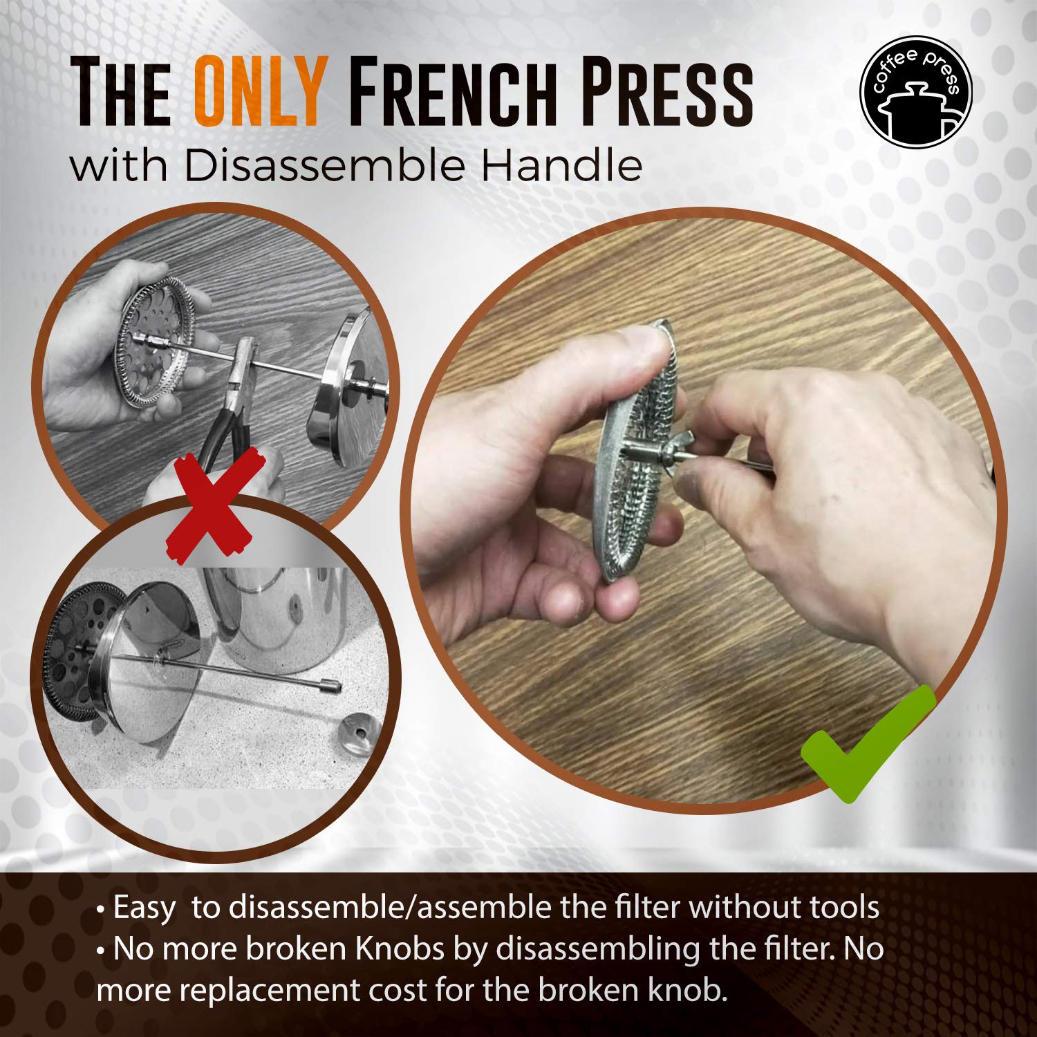 EzDtach French Press Coffee Maker with 2 Extra Screens  34oz  French Press Stainless Steel 304 Grade  Easy Disassemble Design Double Filter  Thick Heat Resistant Glass Pot (Copper)