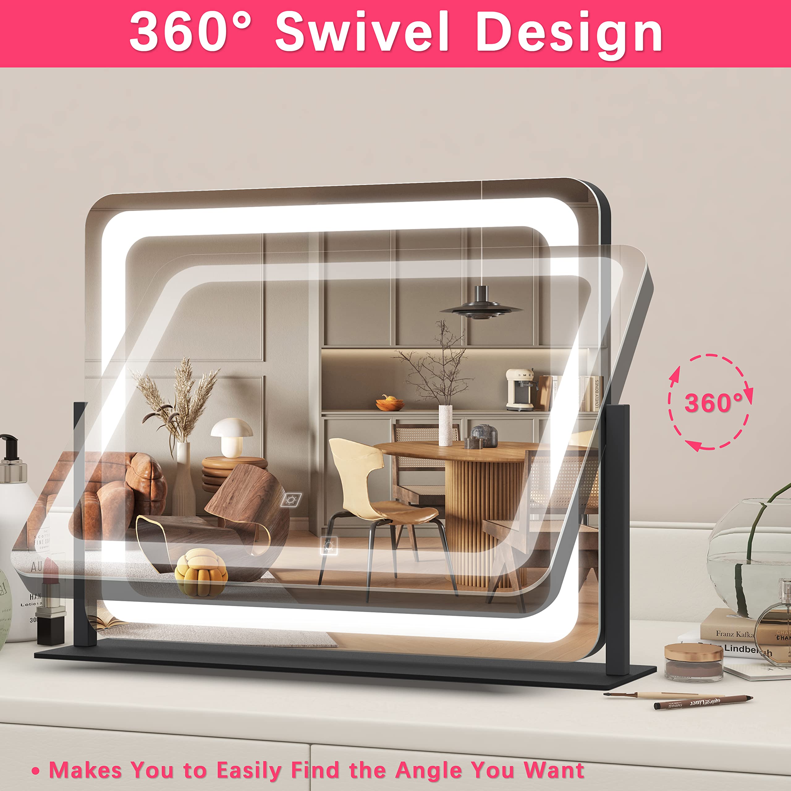 Rolove 22X17 Inch Lighted Vanity Mirror With Dimmable Led Lights - 3 Color Modes, Smart Touch Control & 360 Rotating Base - Desk