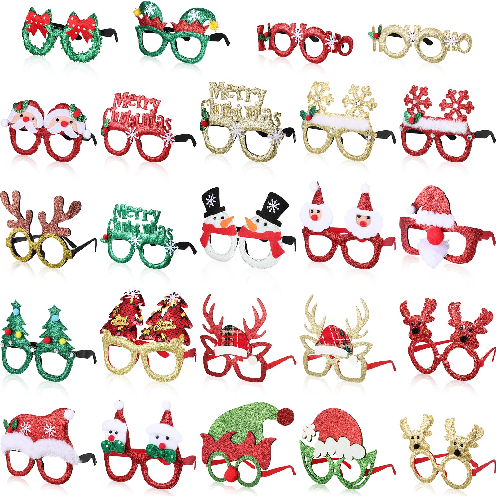 Threan 24 Pcs Christmas Glasses Frame Glitter Christmas Party Favor Novelty Holiday Eyewear Xmas Funny Photo Booth (Lovely Style