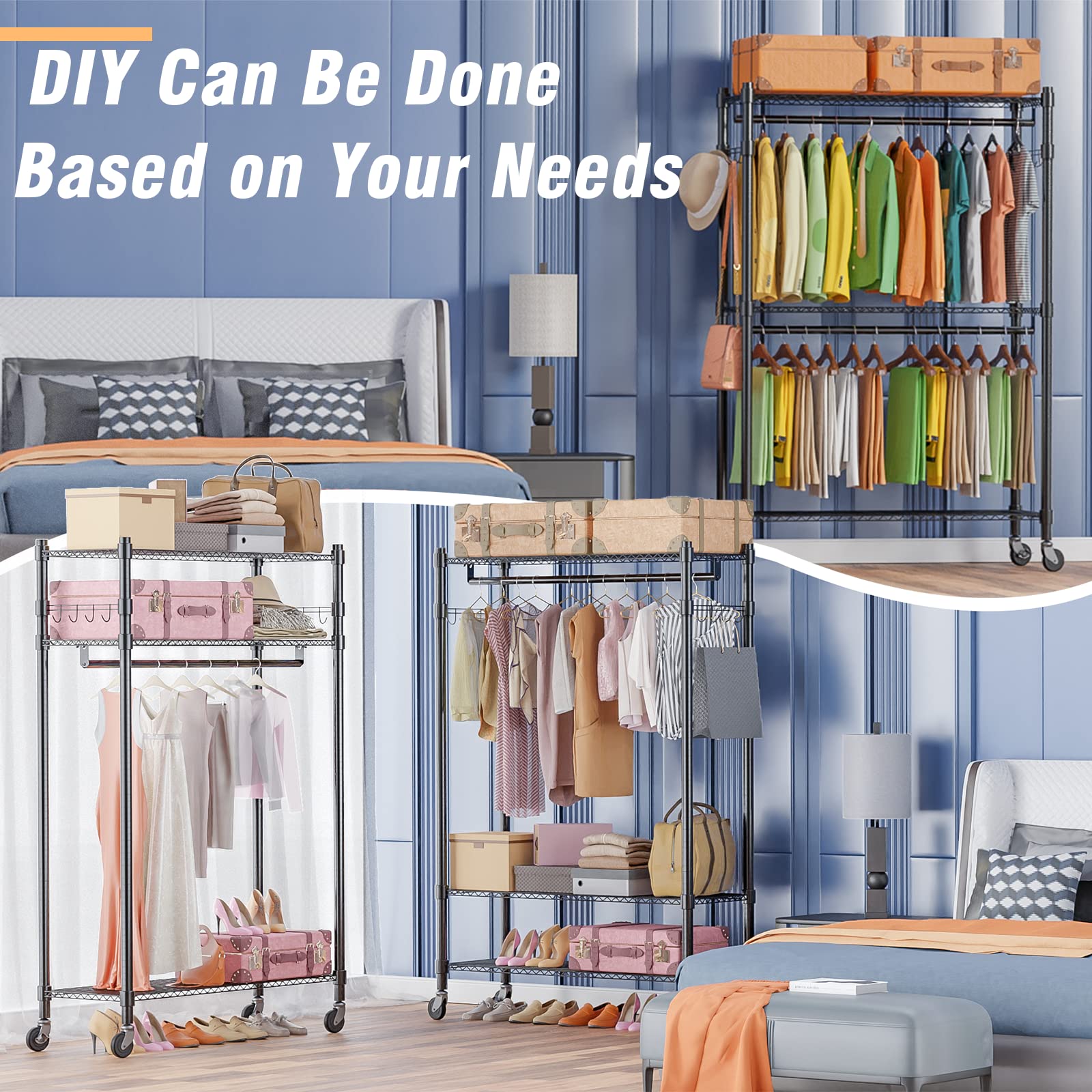 Homdox Rolling Garment Rack With Double Rod, Heavy Duty Clothing Rack With Shelves, Portable Clothes Rack, Free Standing Wardrob