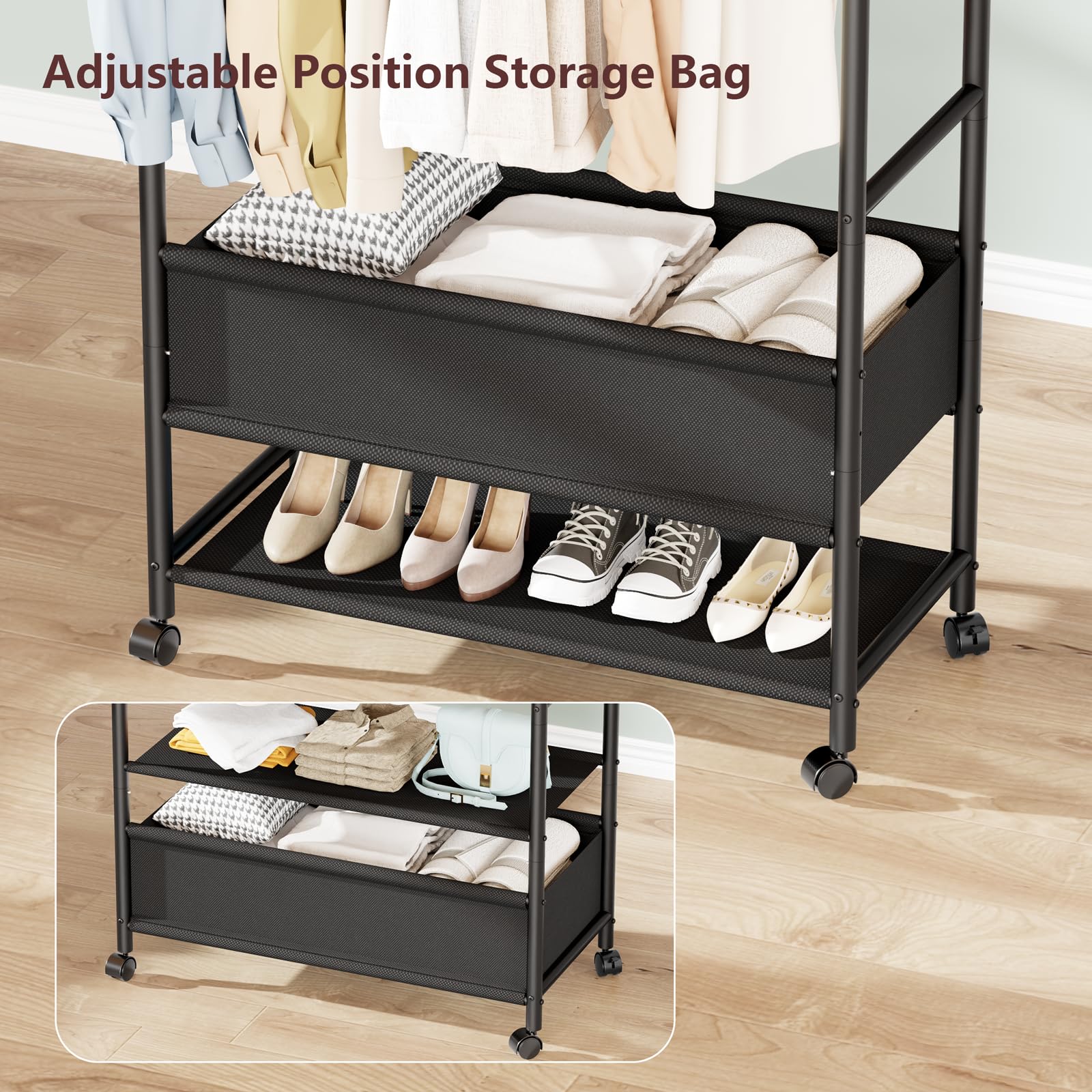 Furologee Portable Rolling Garment Rack, Sturdy Metal Double Rods Clothes Rack, Black, Freestanding for Bedroom, Laundry, Living Room