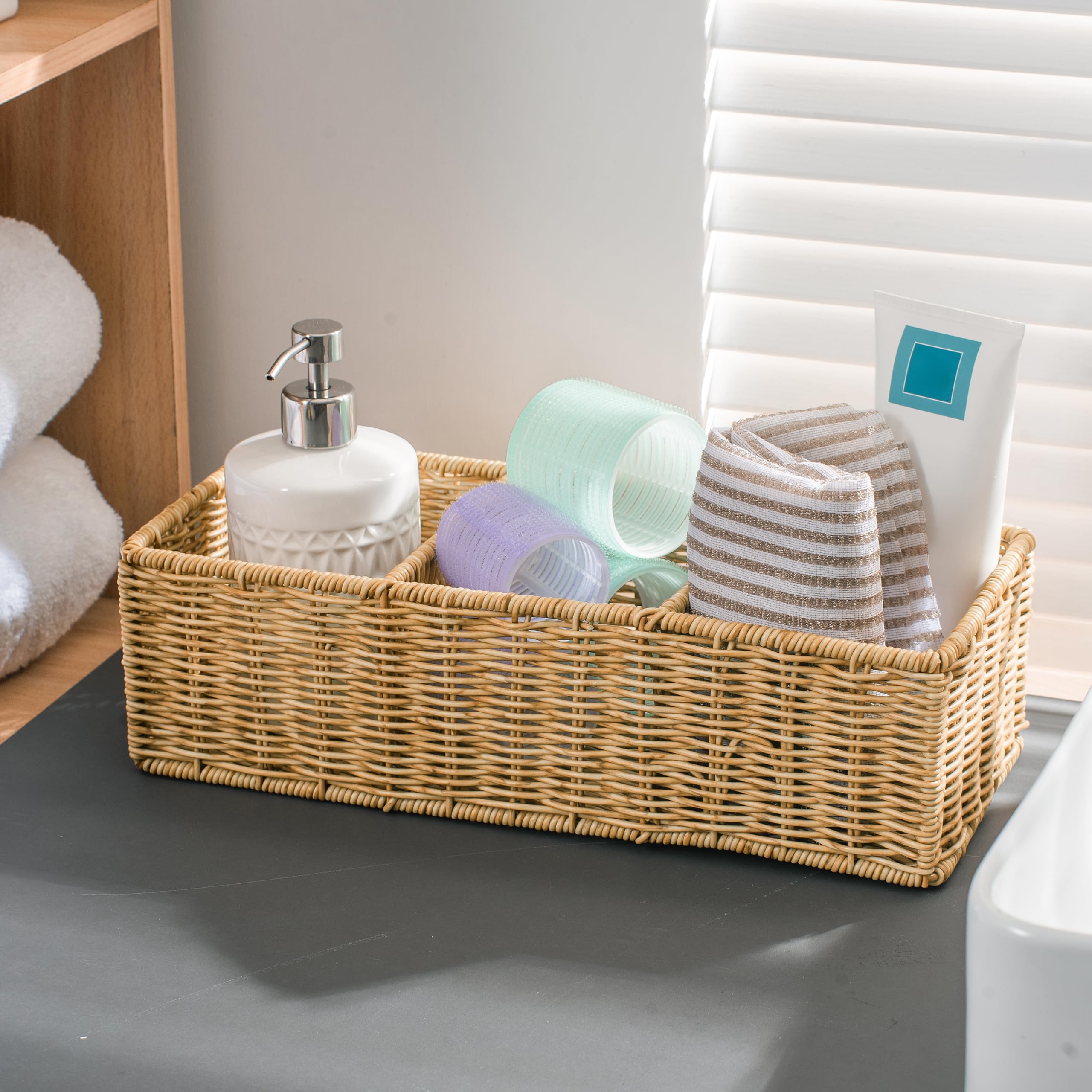 Myhomebody Wicker Basket With 3 Compartments, Woven Baskets For Organizing, Storage Basket, Toilet Tank Basket, Bathroom Counter