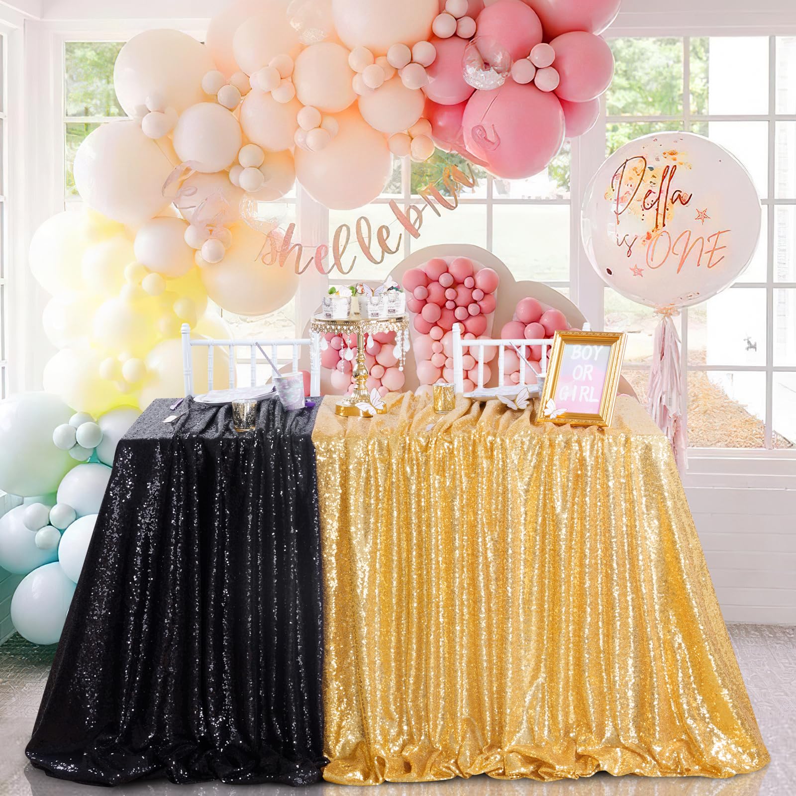 Queendream Sparkly Sequin Tablecloth - Black Table Cloth 50X80 Inches Rectangle Table Overlay Fabric For Birthday Parties Baby S