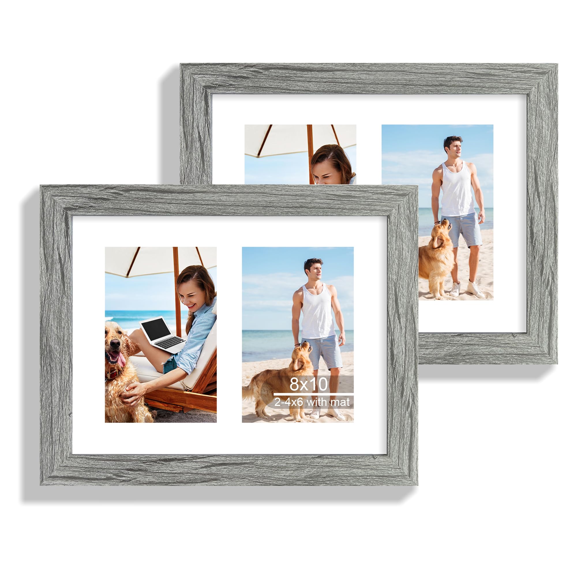 Hongkee 8x10 Picture Frame Set of 2, Grey Wood Frame with Glass Collage Frame, Display Pictures Two 4x6 With Mat or 8 x 10 Witho