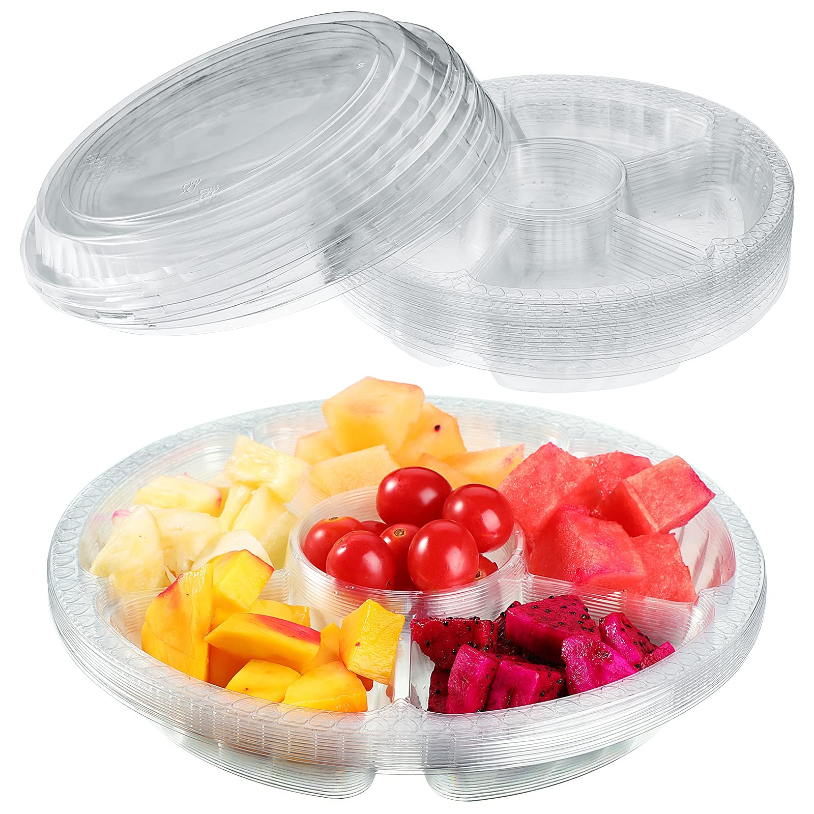Patelai 10 Pcs Plastic Veggie Tray With Lid Fruit Trays Round Disposable Appetizer Serving Trays With 6 Divided Compartment For