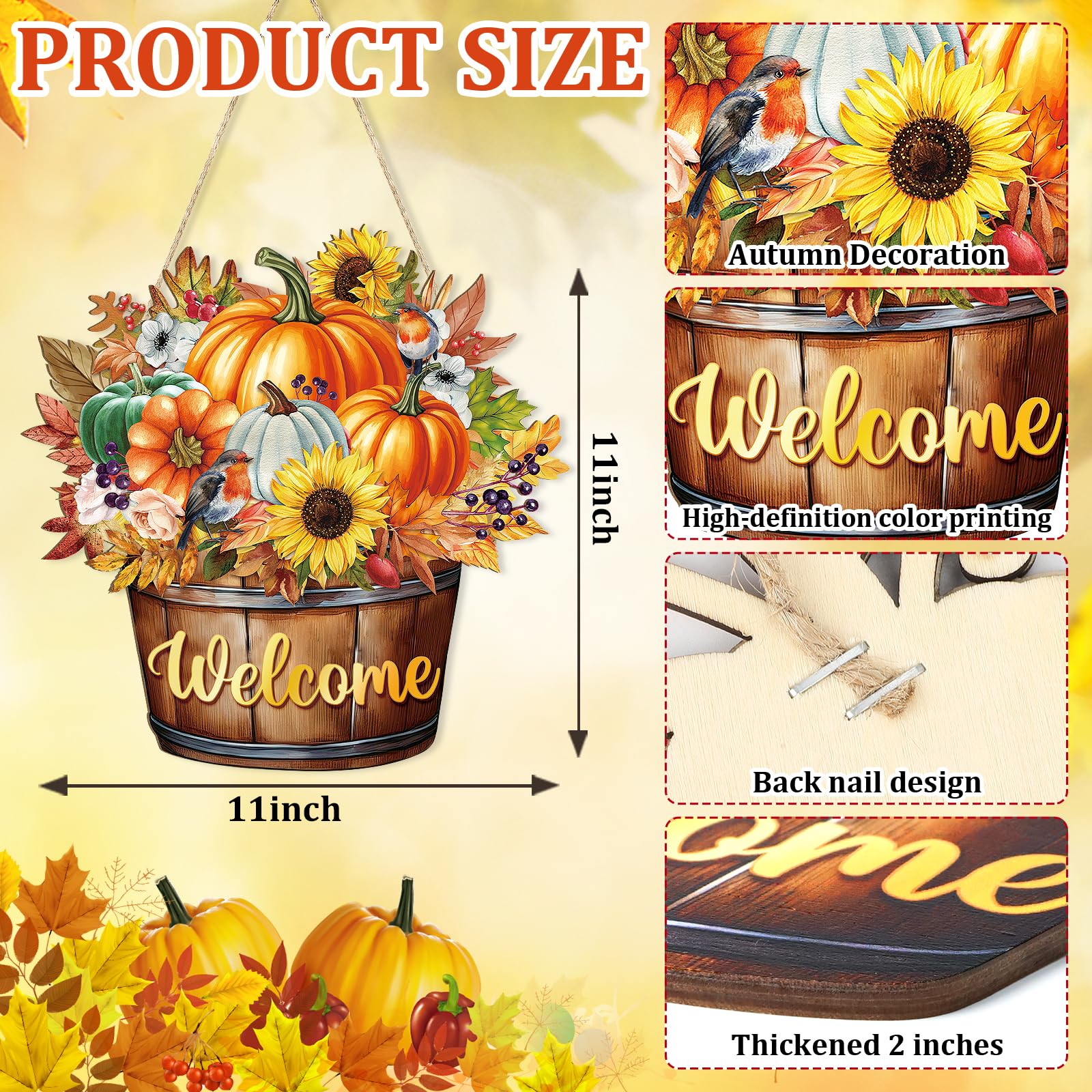 Fall Decoration Welcome Wreaths for Front Door, Wooden Hello Fall Pumpkin Thanksgiving Door Sign Ornament, Wood Mason Jars Maple