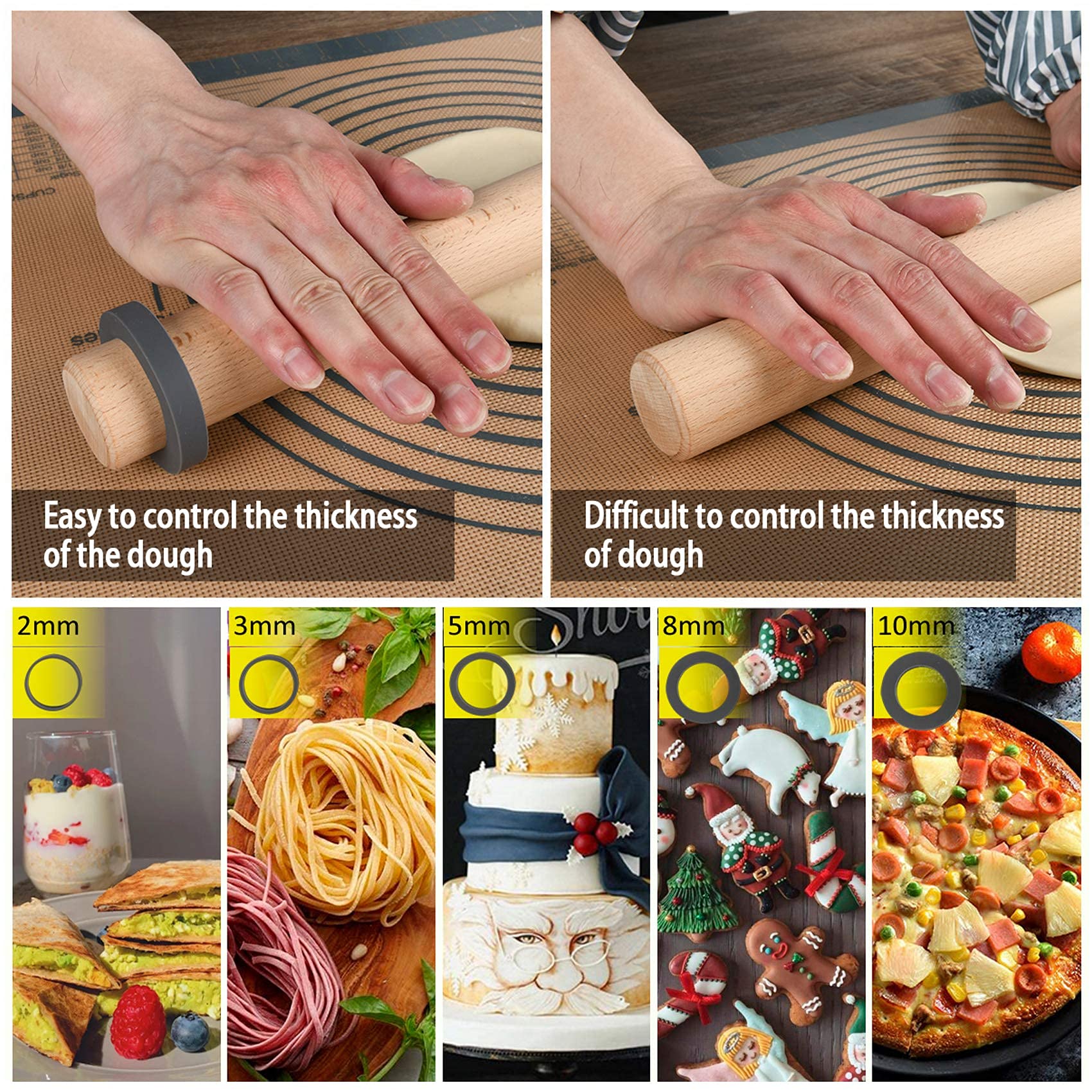 Folksy Super Kitchen Silicone Guide Rings for Rolling Pin - 10 Piece Set, 1.5 inches, Silver Spacer Bands for Baking Dough