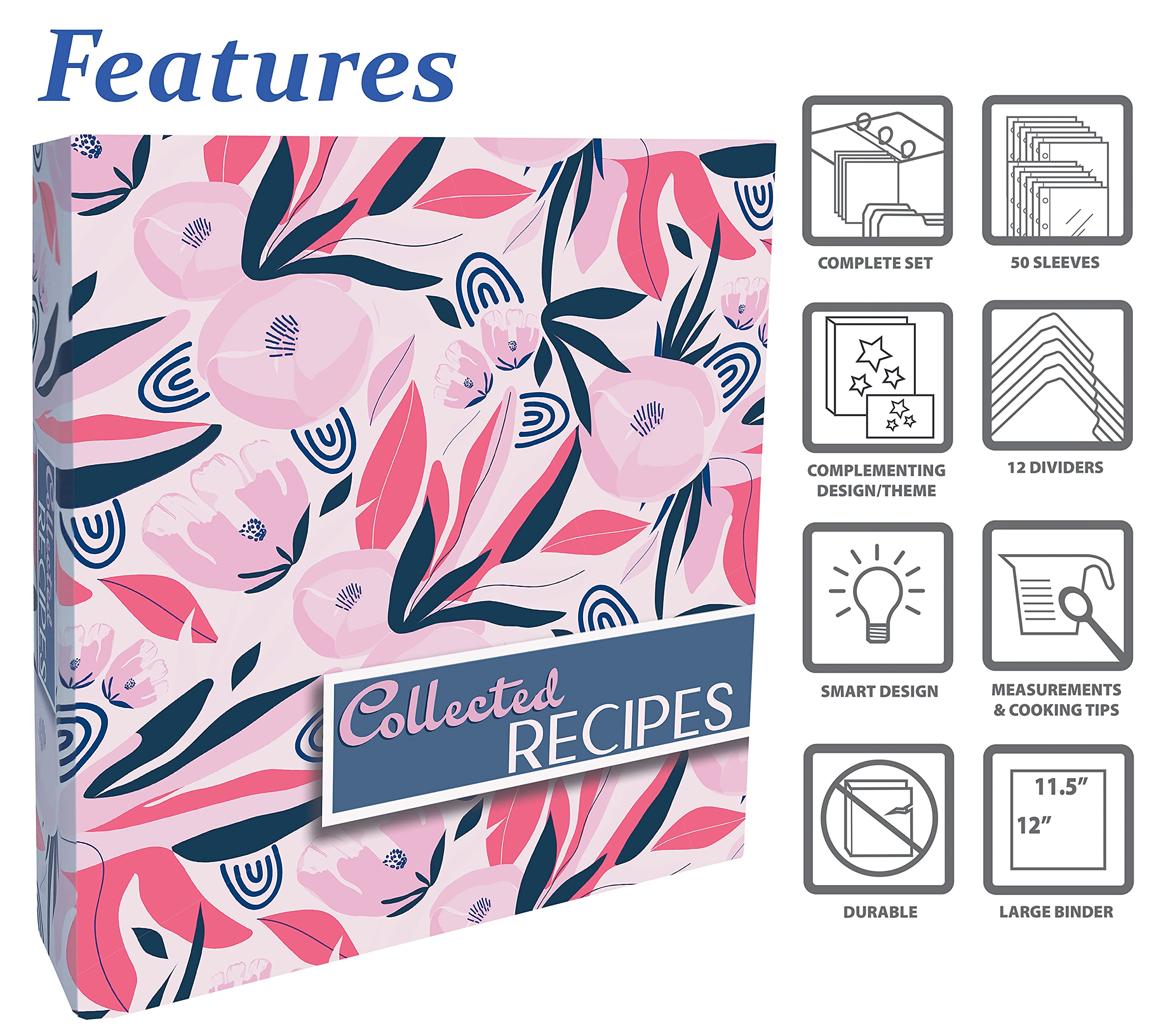 Better Kitchen Products Recipe Binder, Full Page 3 Ring Standard Binder Organizer Set (With 50 Page Protectors & 12 Category Div