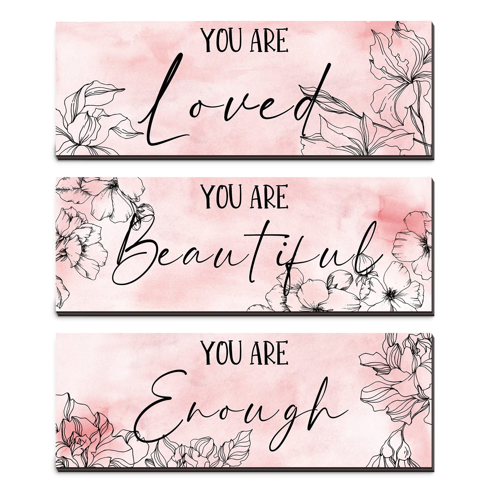 3 Pcs Floral Wooden Wall Hanging Wall Art Positive Quotes You Are Beautiful Inspirational Wall Decors for Valentine Kids Girls T