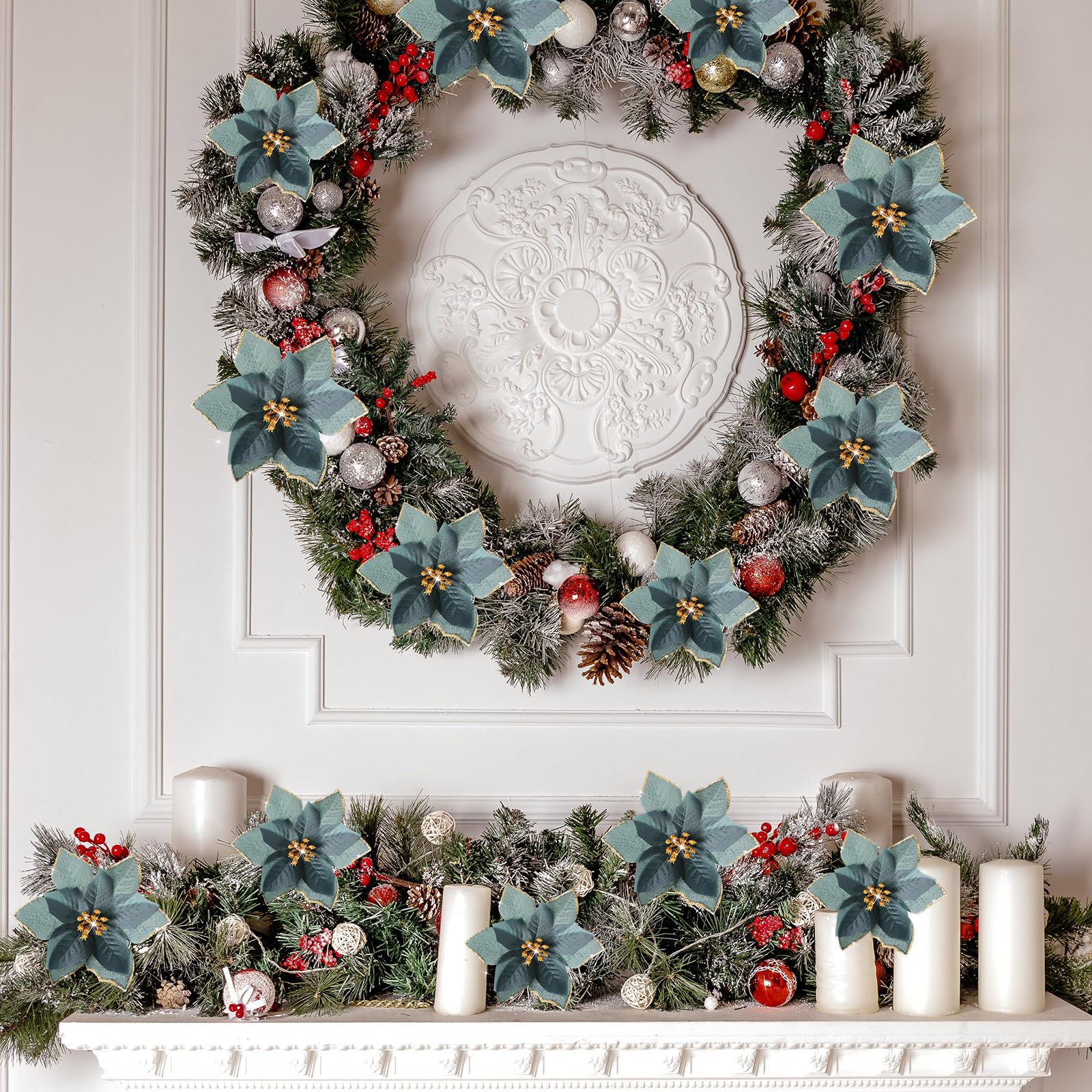 36 Pcs 3 Size Christmas Poinsettia Christmas Tree Flowers Glitter Faux Flowers Decoration Artificial Poinsettia Ornaments For Ch