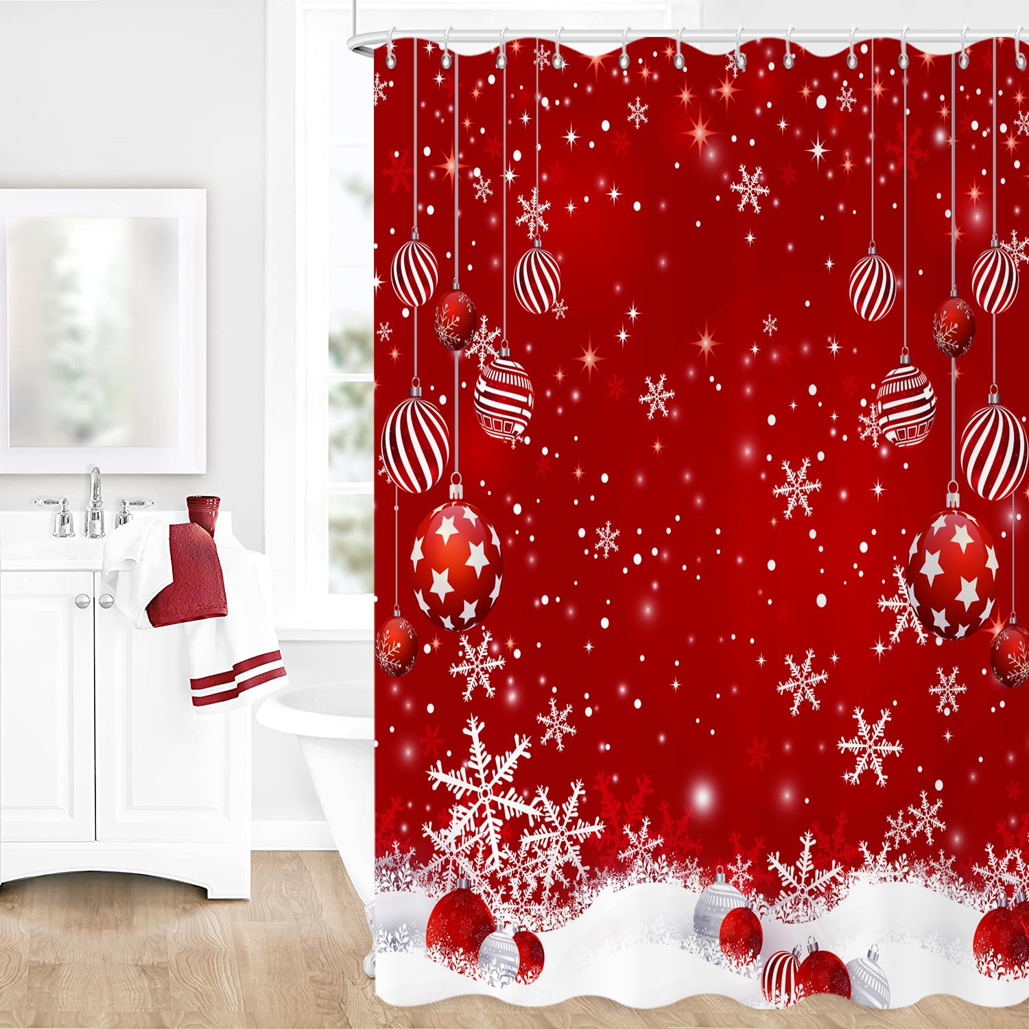 Caheansi Christmas Shower Curtain, Red Merry Xmas Glitter Sparkle Bokeh Snowflake Winter New Year Holiday Bathroom Curtain Water
