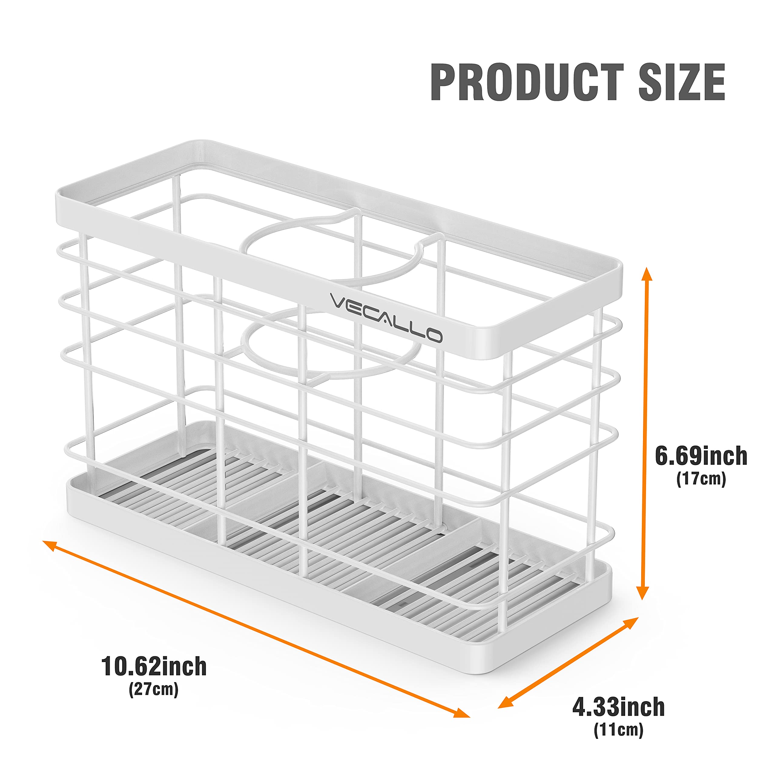 Vecallo Hair Tool Organizer - Wall Mount Stainless Steel Caddy, 10.62" x 6.69" x 4.33", Rustproof, White for Hair Dryers & Styling Tools