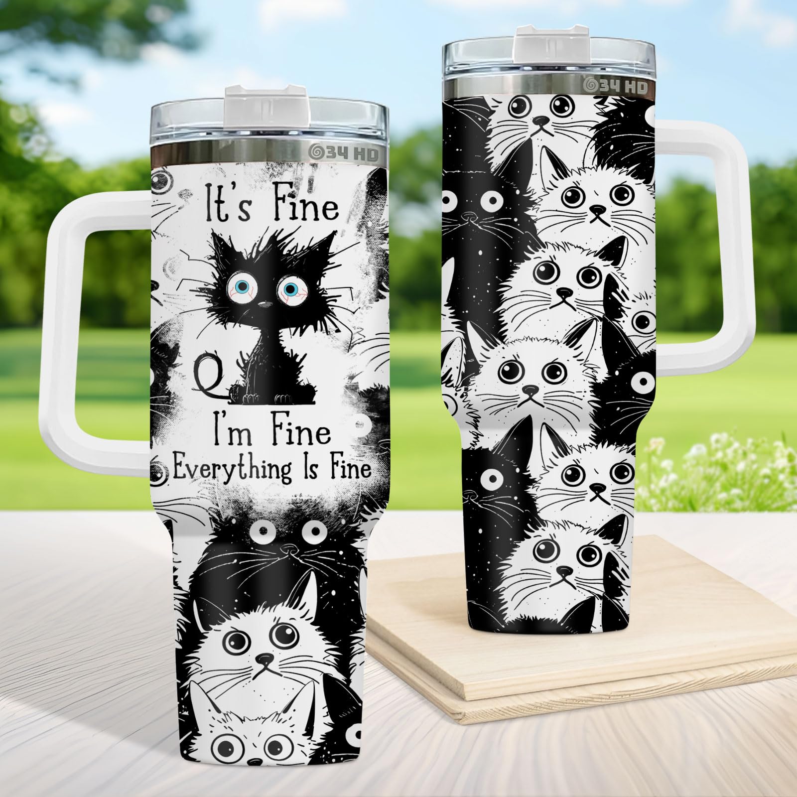 34Hd Gifts For Halloween, Crazy Cat Tumbler With Handle And Straw 40 Oz Stainless Steel, Black Cat Cup, It'S Fine I'M Fine Mug,