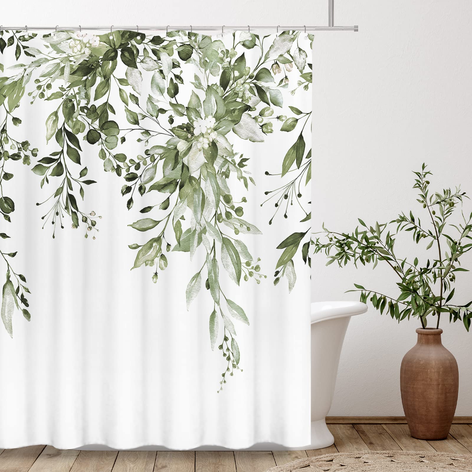 Tititex Olive Green Eucalyptus Shower Curtain Sets, Watercolor Leaves On The Top Plant With Floral Bathroom Decoration 60X72 Inc