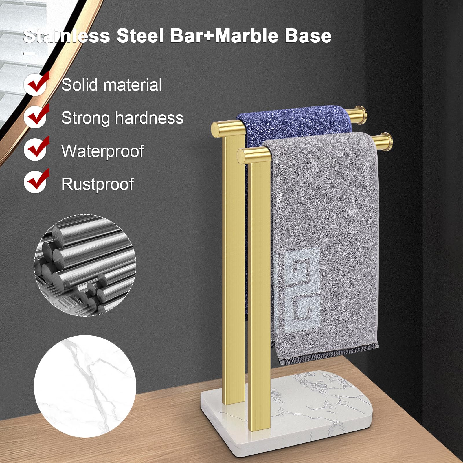 Nearmoon Hand Towel Holder With Balanced Marble Base, Sus304 Stainless Steel Stand Towel Ring L Shape Hand Towel Rack Free-Stand