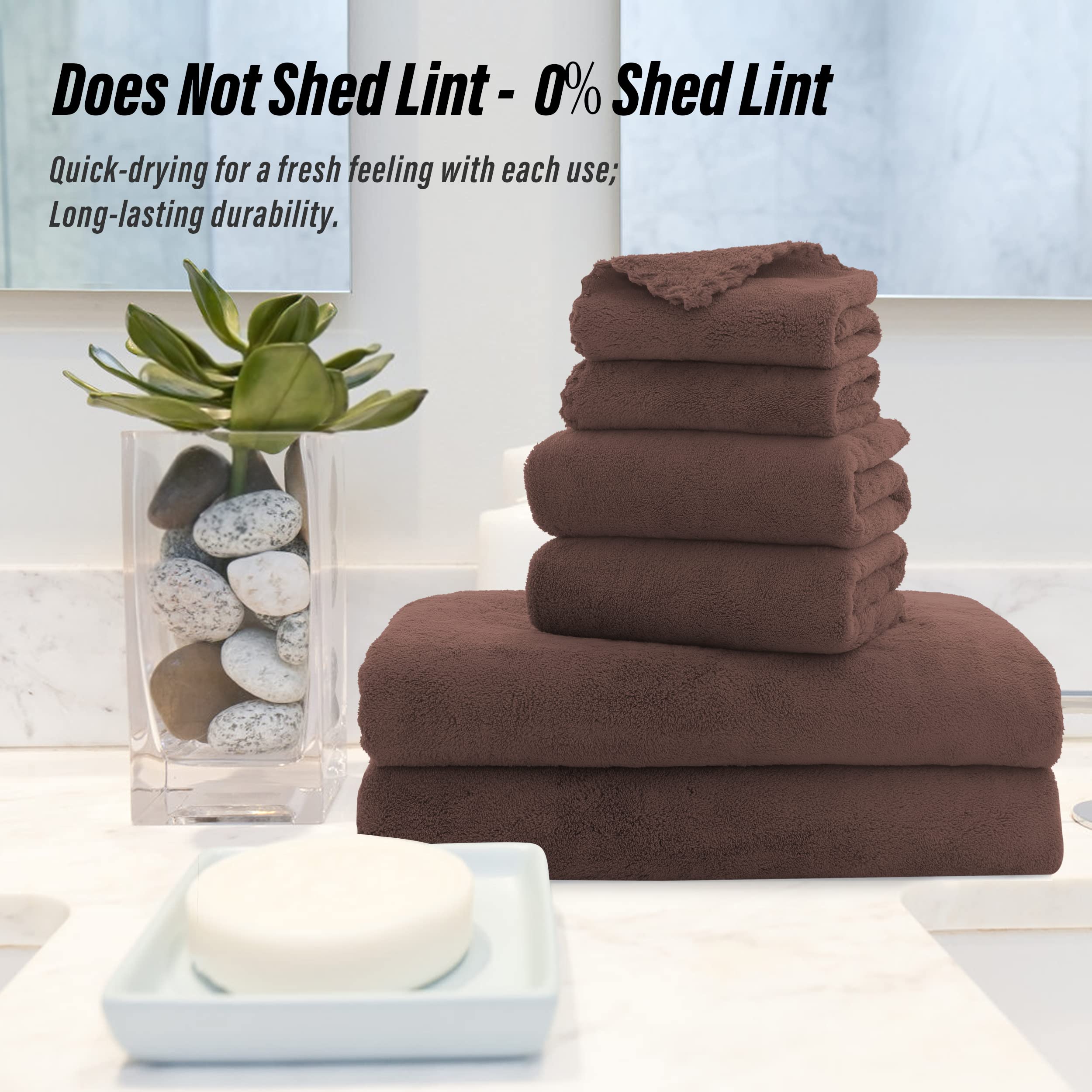 Moonqueen Ultra Soft Microfiber Coral Velvet Towel Set - Quick Drying, 2 Bath Towels, 2 Hand Towels, 2 Washcloths - Wood Brown,