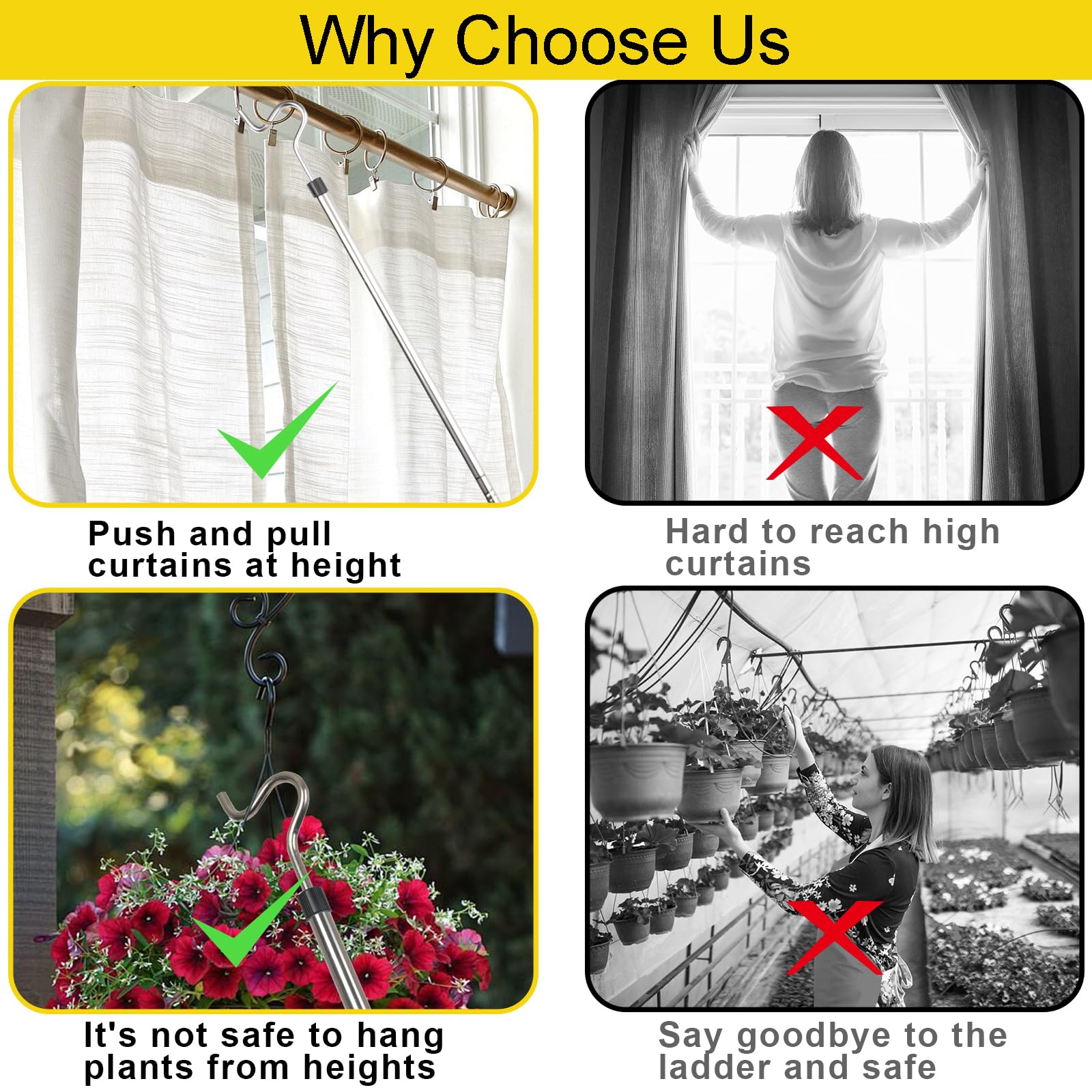 Greeily Clothes Hook Pole, High Reach Garment Hook For Hanging Clothes Light And Plants Extendable From 35'' To 50'' Made Of Sta