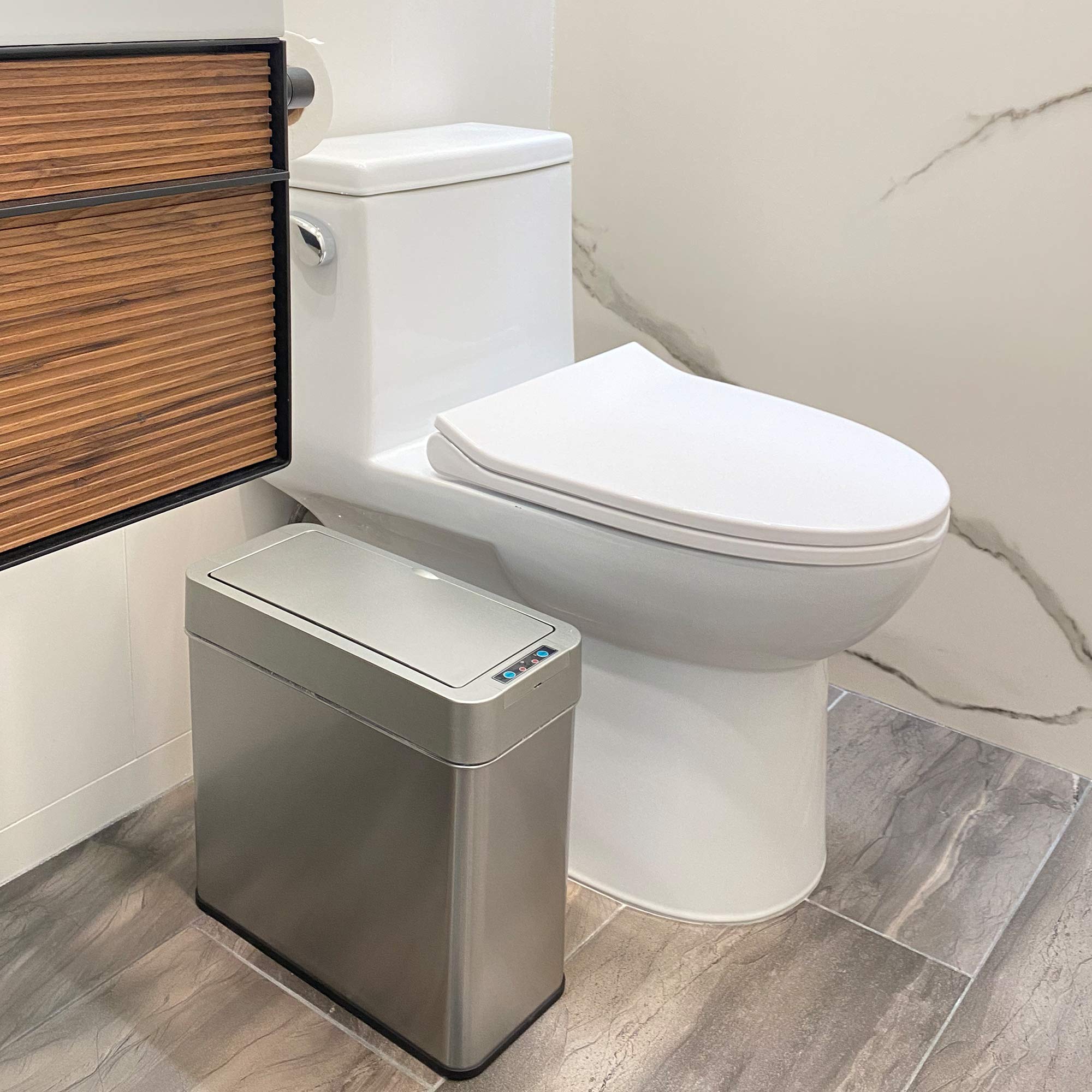 iTouchless 4 Gallon Sensor Trash Can with AbsorbX Odor Control System  Lid Opens Left  15 Liter Slim Stainless Steel Automatic Wastebasket  Space-Saving Bin for Bathroom  Kitchen  Office  Hotel