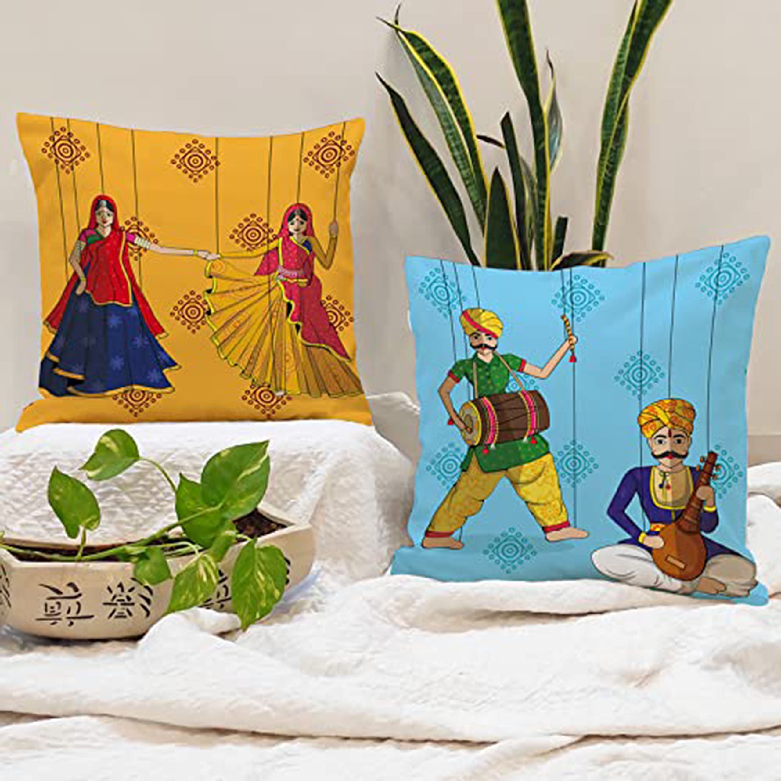 Amazon Brand - Umi Rajasthani Culture Printed Polycotton Cushion Cover, Set Of 2 (24 X 24 Inches / 60 X 60 Cm)