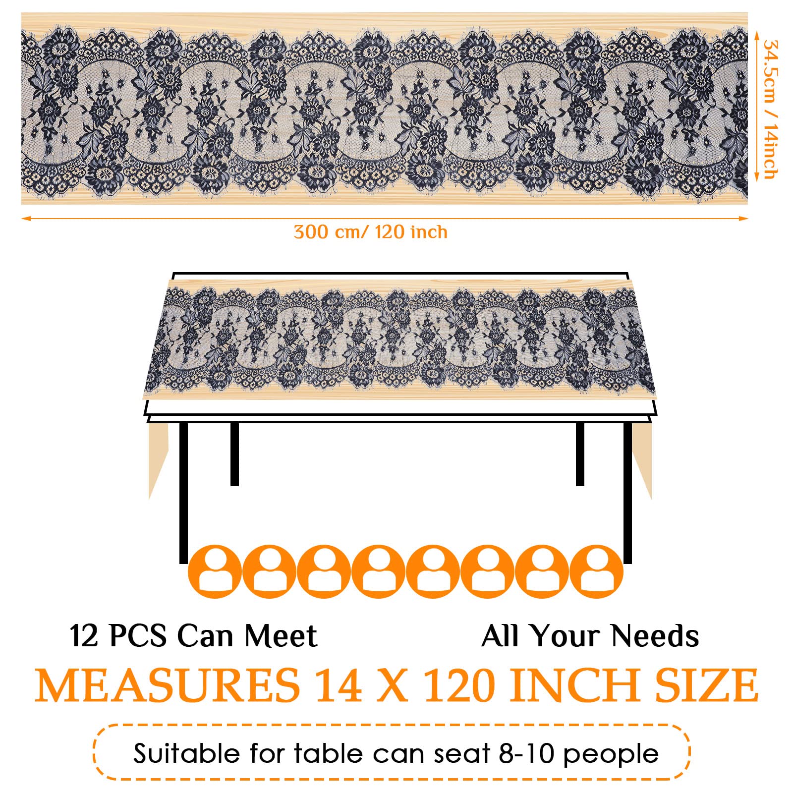 Chumia 12 Pcs Black Lace Table Runners 14 X 120 Inch Rustic Wedding Lace Table Runner Decor Vintage Romantic Black Lace Table Cl