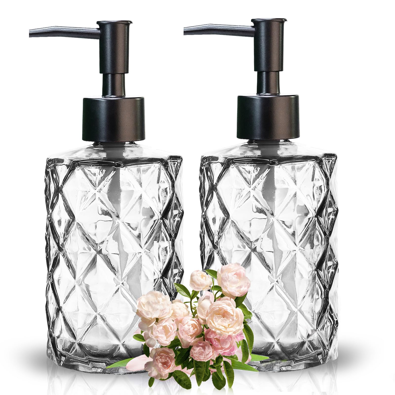 Ulable 2Pcs Clear Glass Soap Dispenser With Pump, 11Oz Diamond Design Refillable Soap Dispenser For Hand Wash, Dish Wash, Bathro