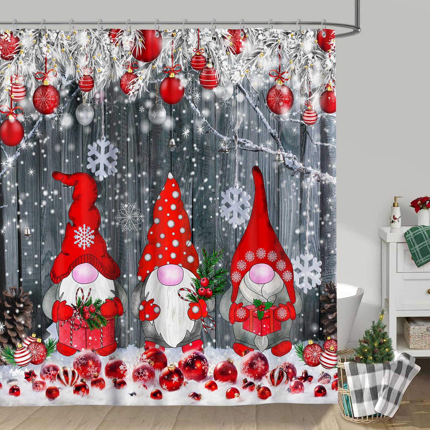 Christmas Gnomes Shower Curtain For Bathroom, Xmas Cute Red Xmas Ball Snowflake Gnomes Winter Shower Curtain, Rustic Farmhouse C