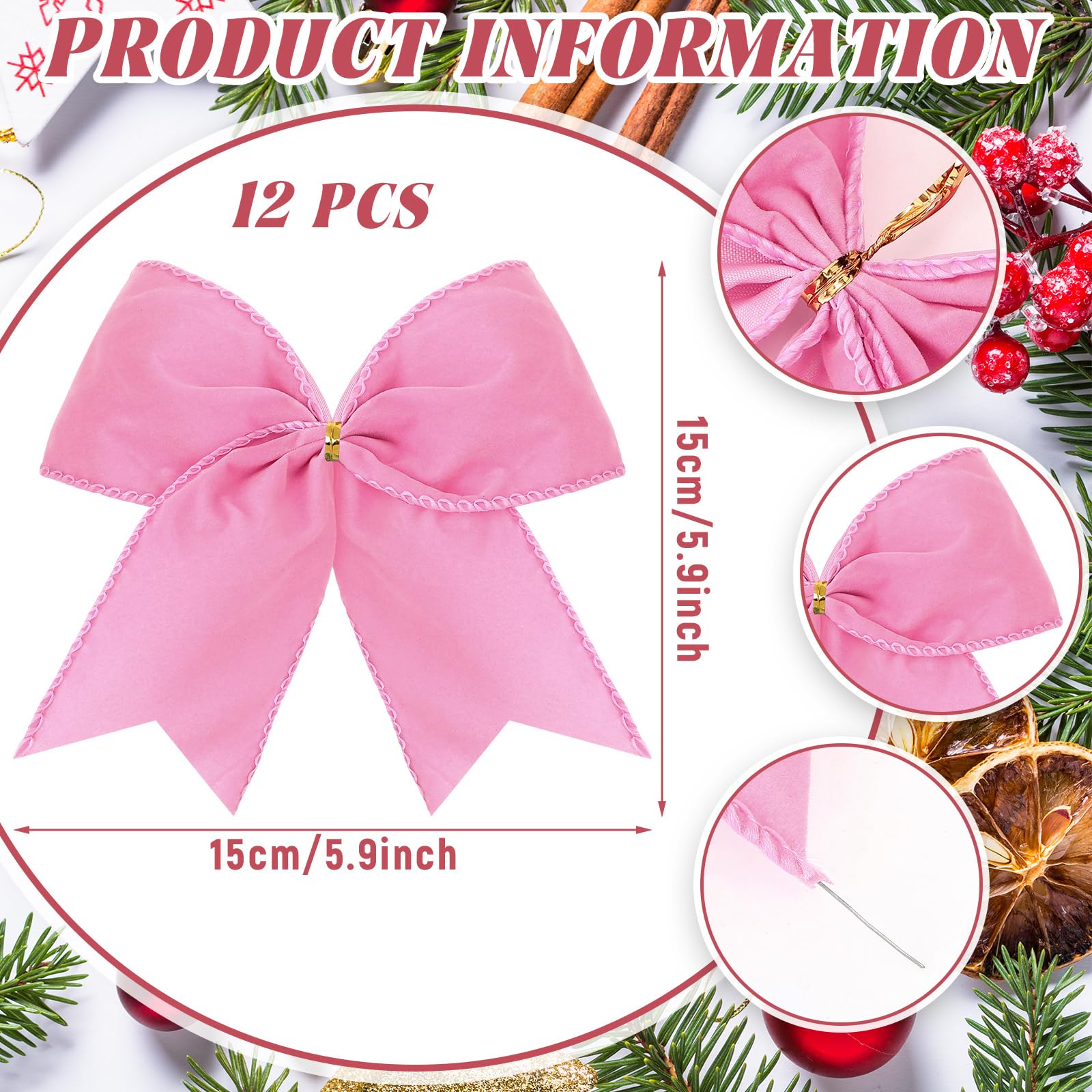 Janinka 12 Pcs Pink Christmas Velvet Bows 6 Inch Rustic Wreath Gift Bows Vintage Xmas Velvet Ribbon Bow Ornaments for Xmas Farmh