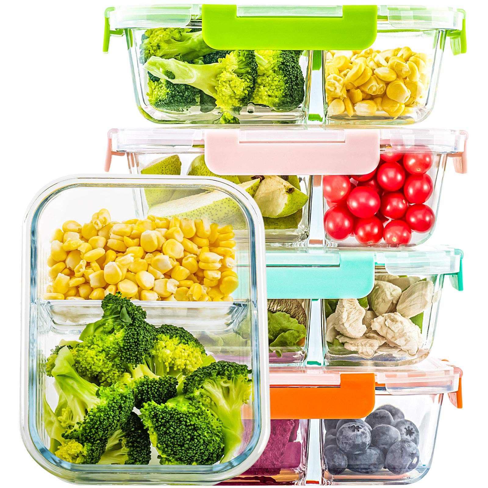 UMEIED Glass Meal Prep Containers 2 Compartment with Lids (5 Pack, 36oz)
