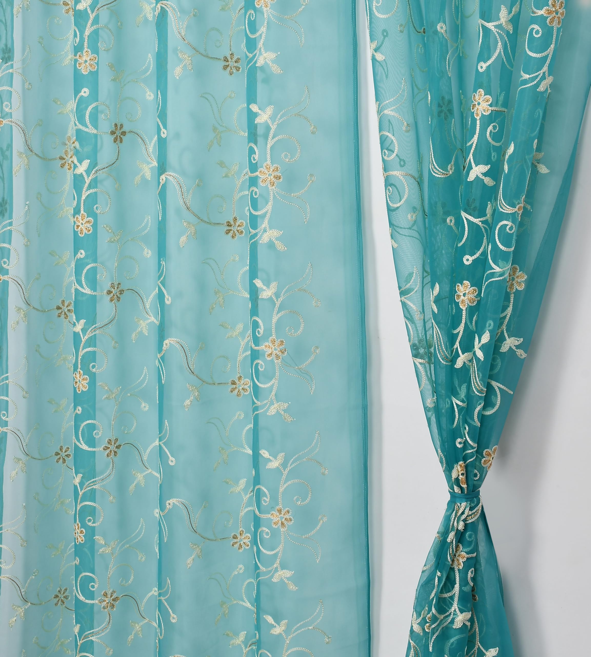 Fabrilia Floral Pattern Embroidery Tissue Net Sheer Transparent Curtains For Door 9 Feet Long Set Of 2, Teal Blue
