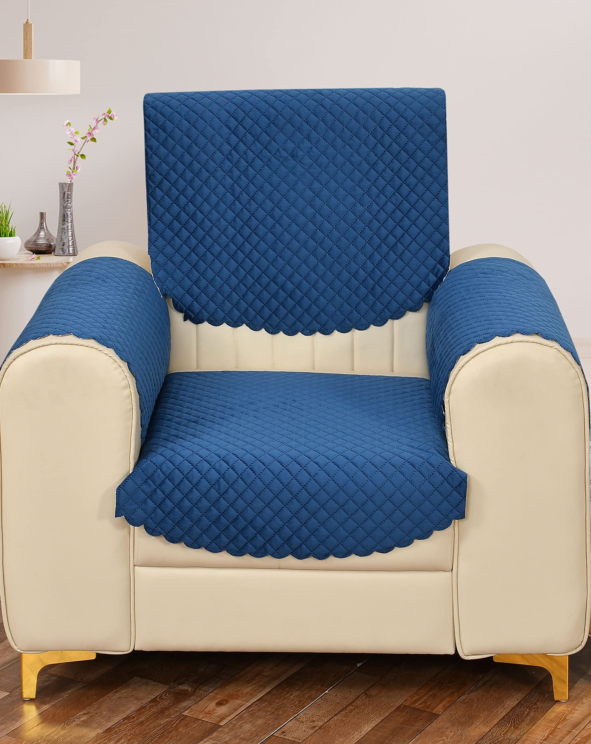 Yellow Weaves 1 Seater Self Design Quilted Sofa Chair Cover With Arm Cover, Seat & Back Cover, Color - Blue, Velvet