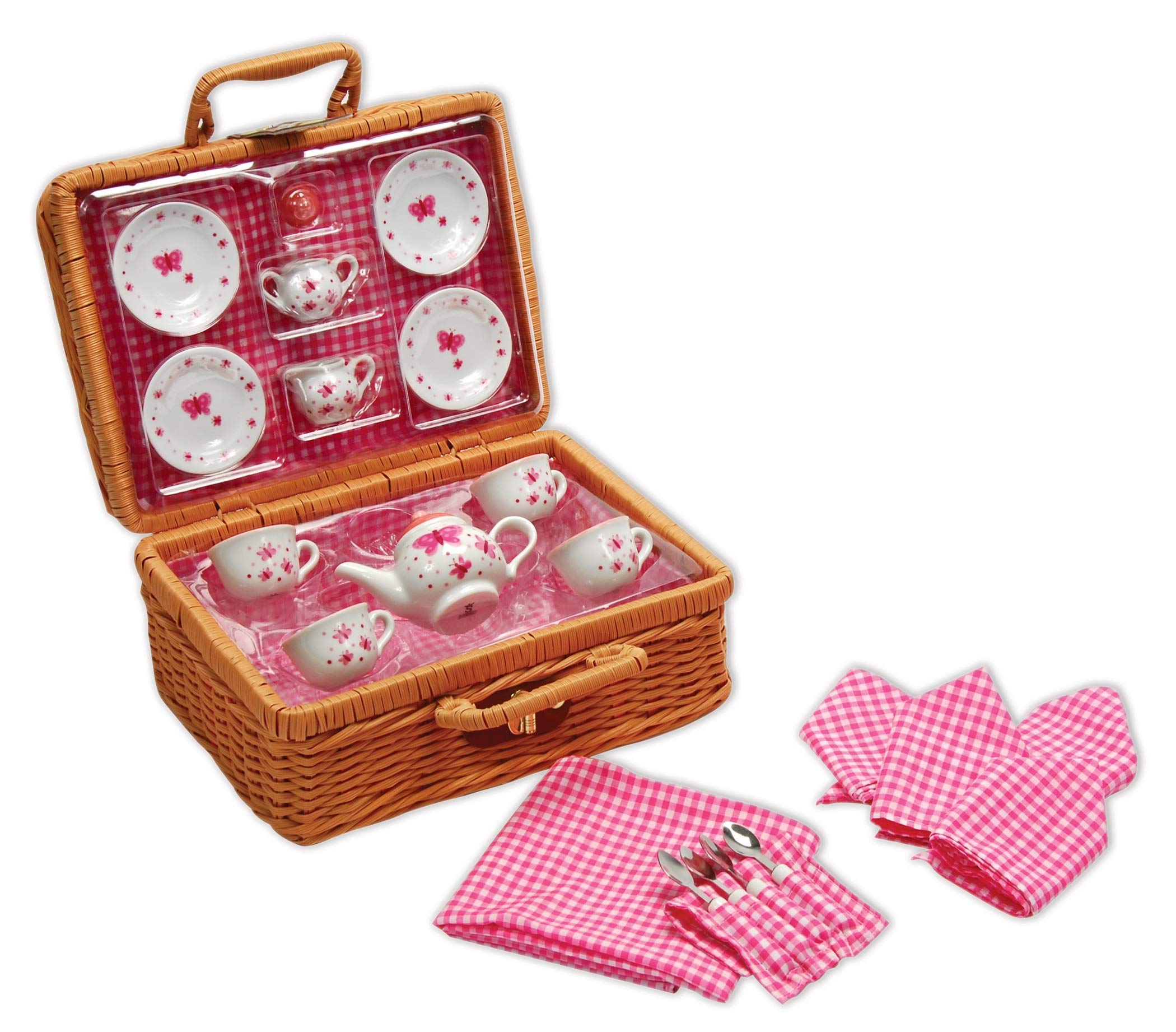 Schylling Butterfly Tea Set Basket - 23 Piece Miniature Porcelain Set With Picnic Basket - Includes Service For Four - Ages 8 An