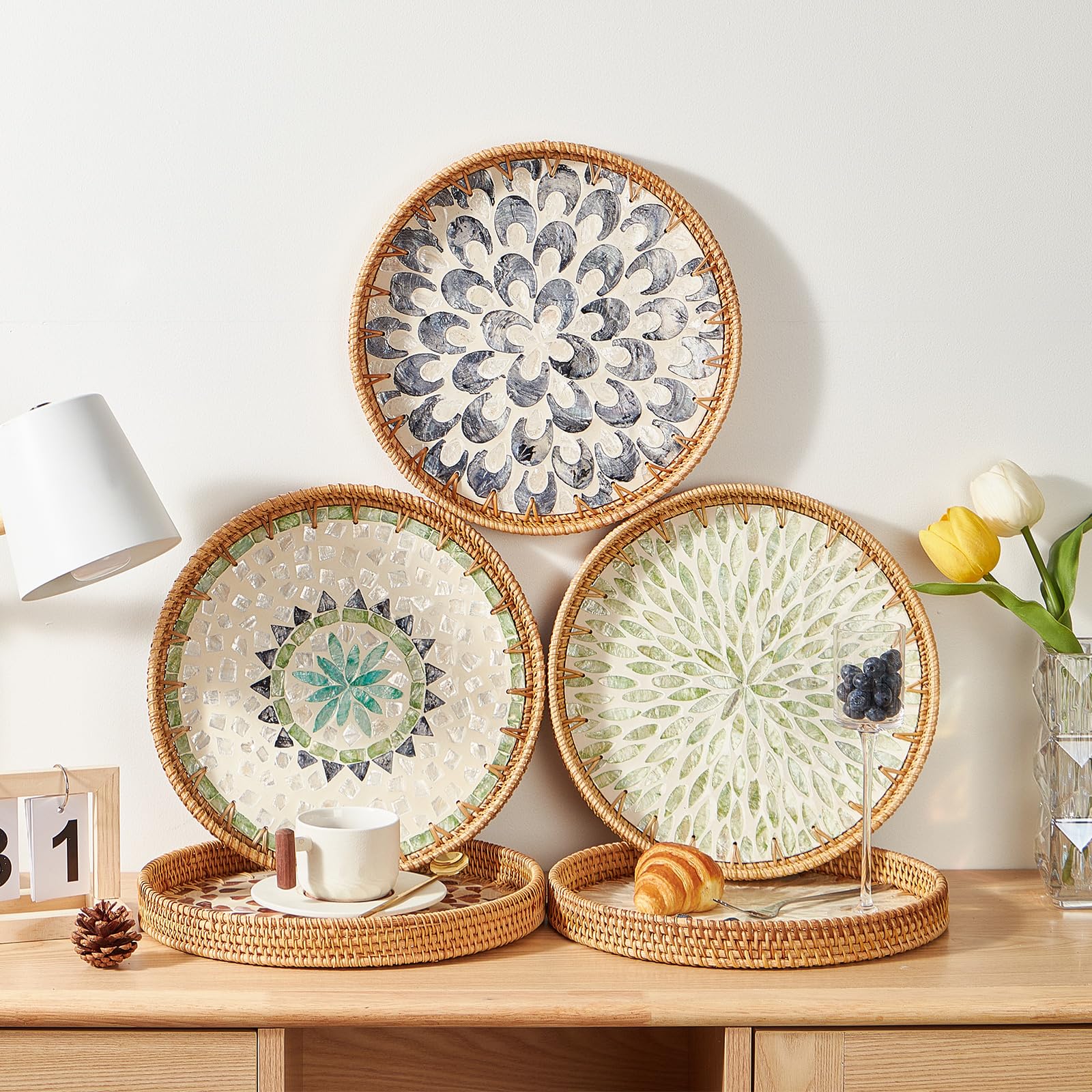 Round Rattan Tray With Mother Of Pearl Inlay, Rattan Serving Tray With Wooden Base, Decorative Wicker Basket For Table Decor, St