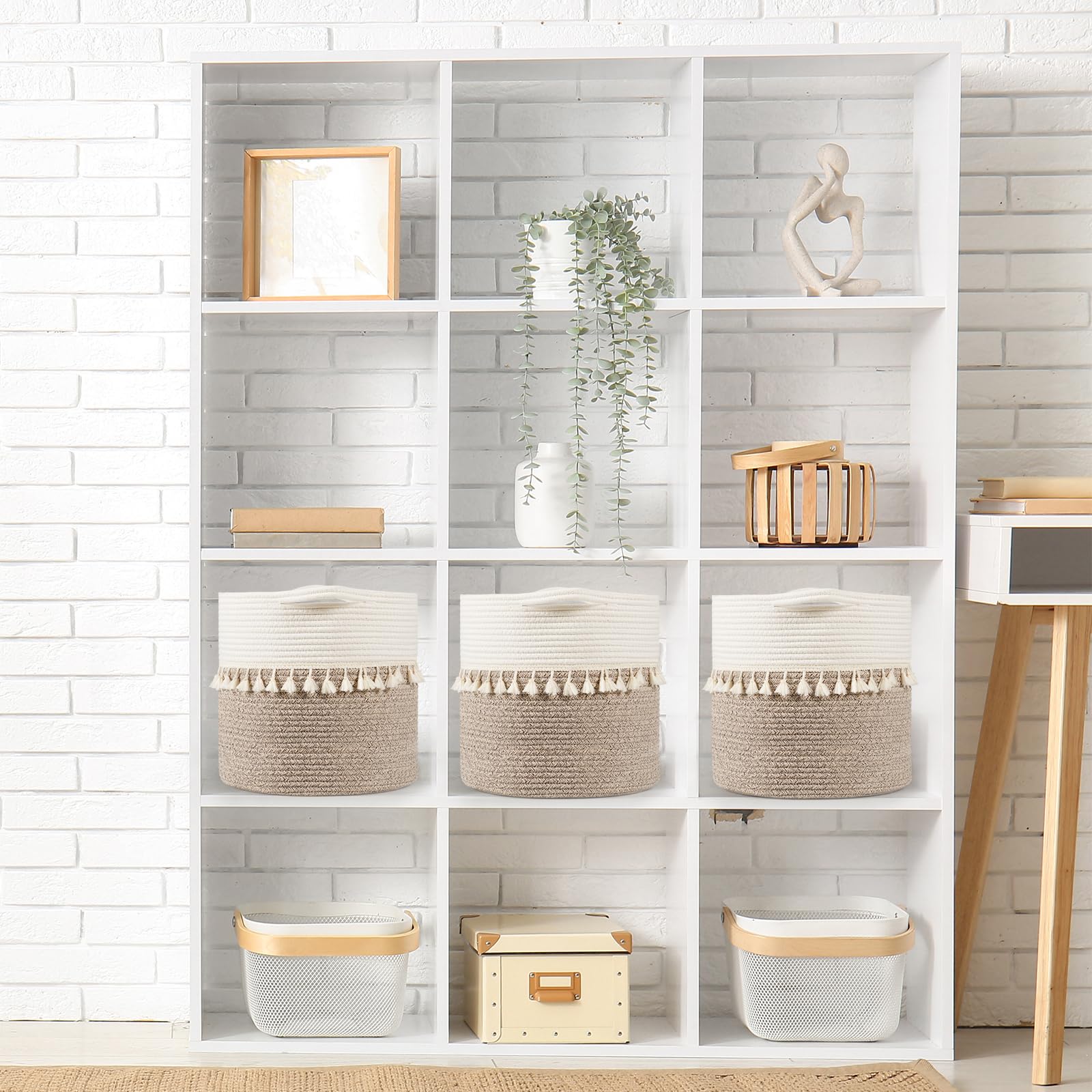 Danpinera 11 Inch Storage Baskets Set Of 3, Cotton Woven Baskets For Storage With Strong Handles & Stylish Tassel, Storage Bins,