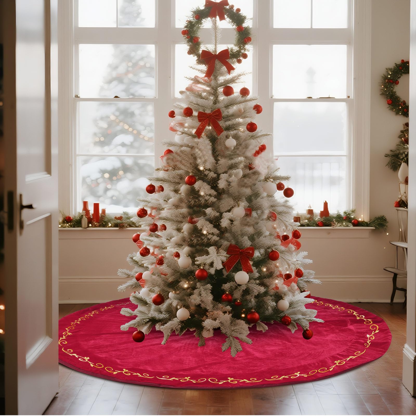 HyDren 84 Inch Velvet Christmas Tree Skirt Gold Bronzing Embroidery Christmas Tree Decorations Vintage Party Favors Rustic Holid