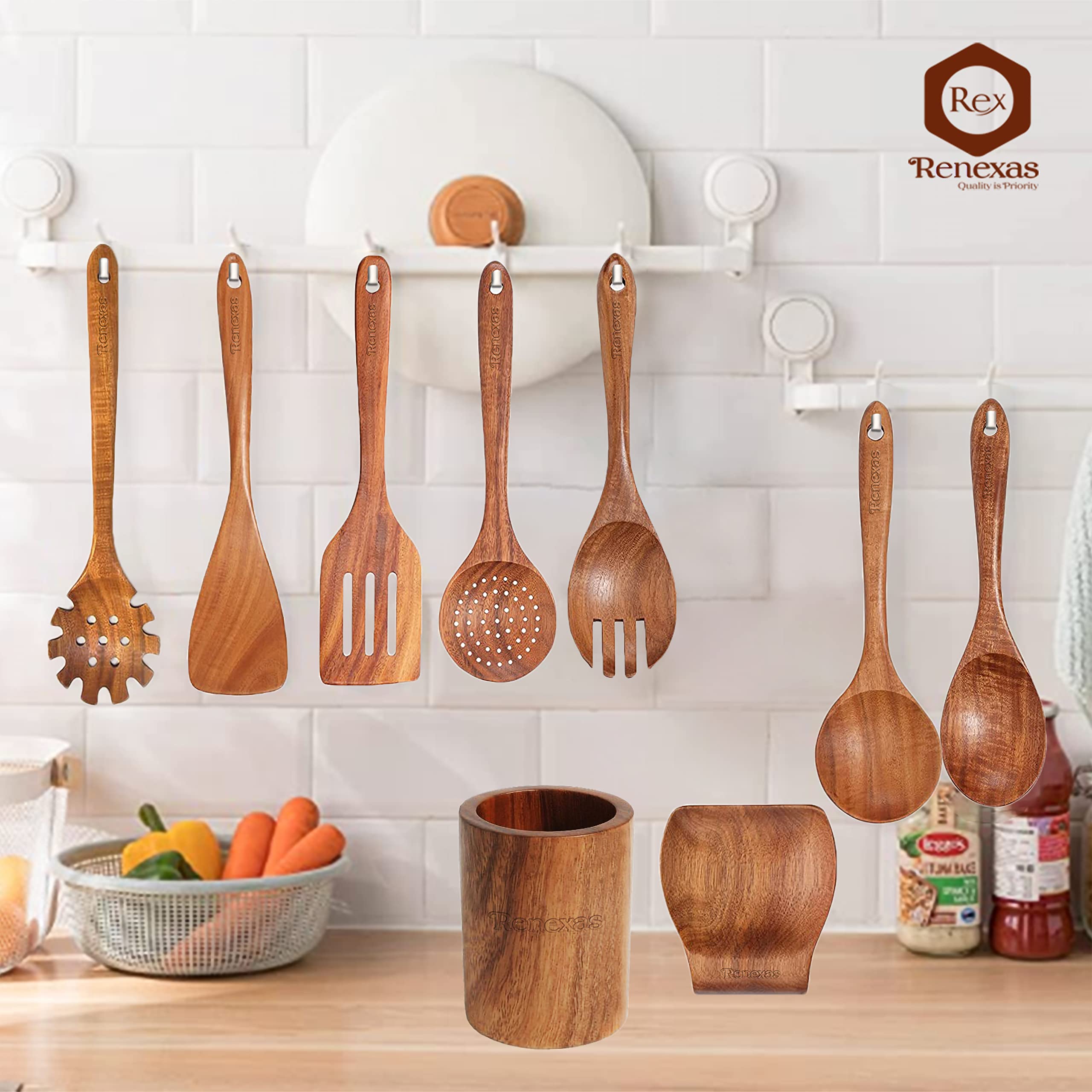 Renexas 9 Pcs Wooden Spoons For Cooking Utensils, Natural Teak Wooden Cooking Spoons With Nonstick Spatula Set, Bamboo Kitchen U