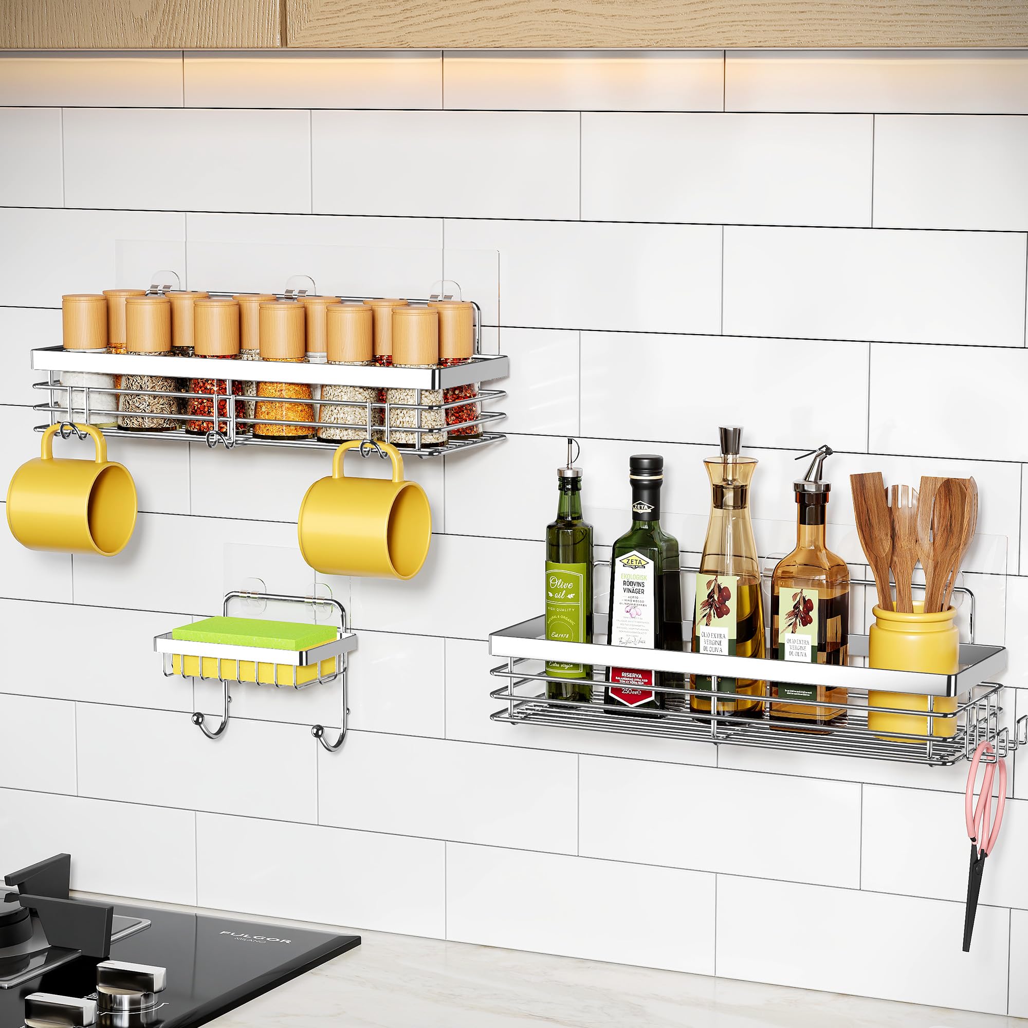 Orimade Adhesive Shower Caddy Soap Dish Holder Shelf with 5 Hooks Bathroom Organizer Basket Kitchen Storage Rack Wall Mounted No Drilling Stainless Steel - 3 Pack Silver