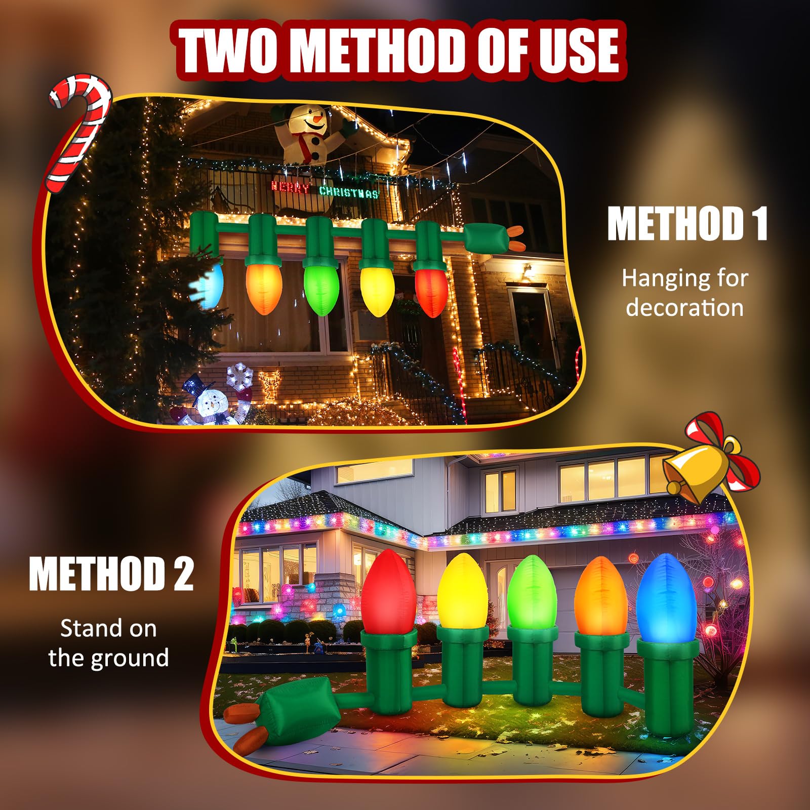 Honoson 12 ft Inflatable Christmas Light Bulb Ornaments Balls Decoration Inflatable Christmas Hanging Decoration PVC Outdoor Lig