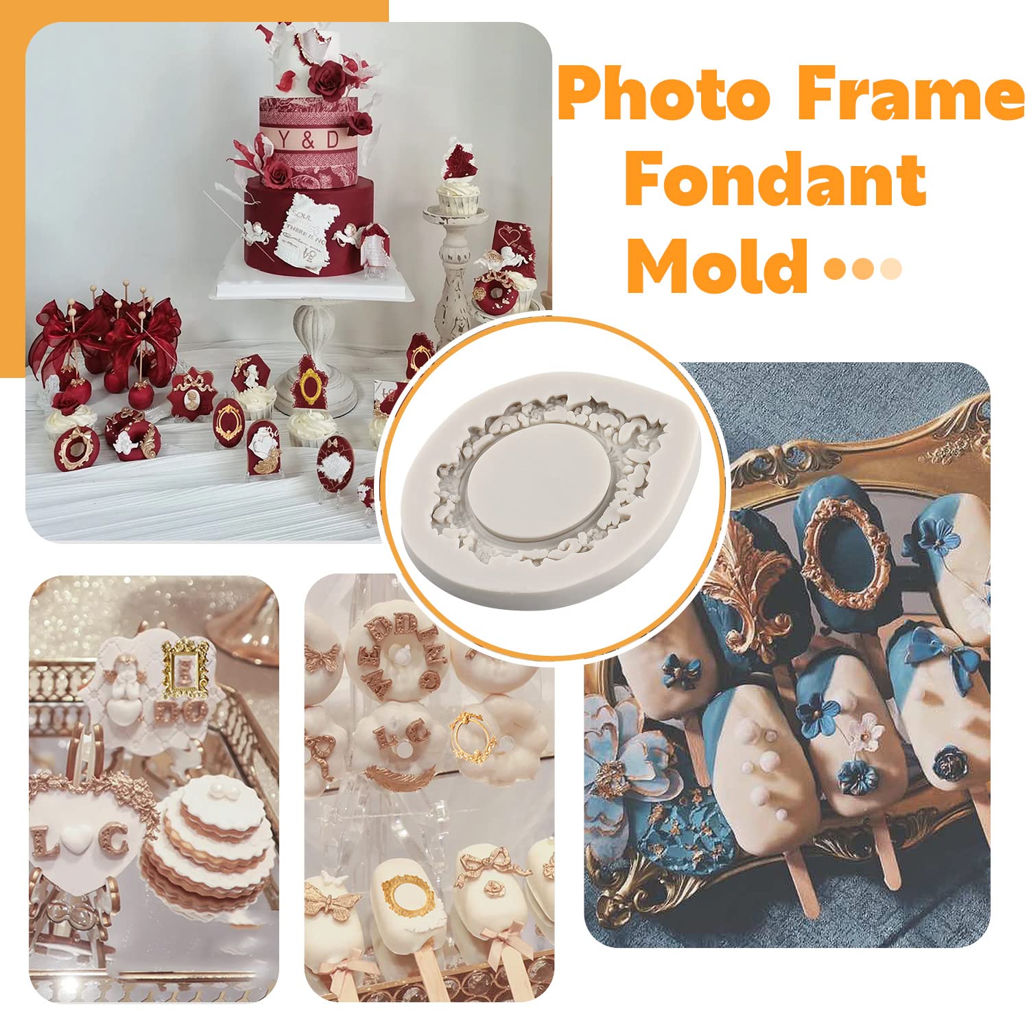 Sijiangmold Photo Frame Fondant Mold Picture Frames Silicone Mold Baroque Style Frame Molds For Cupcake Topper Cake Decoration C