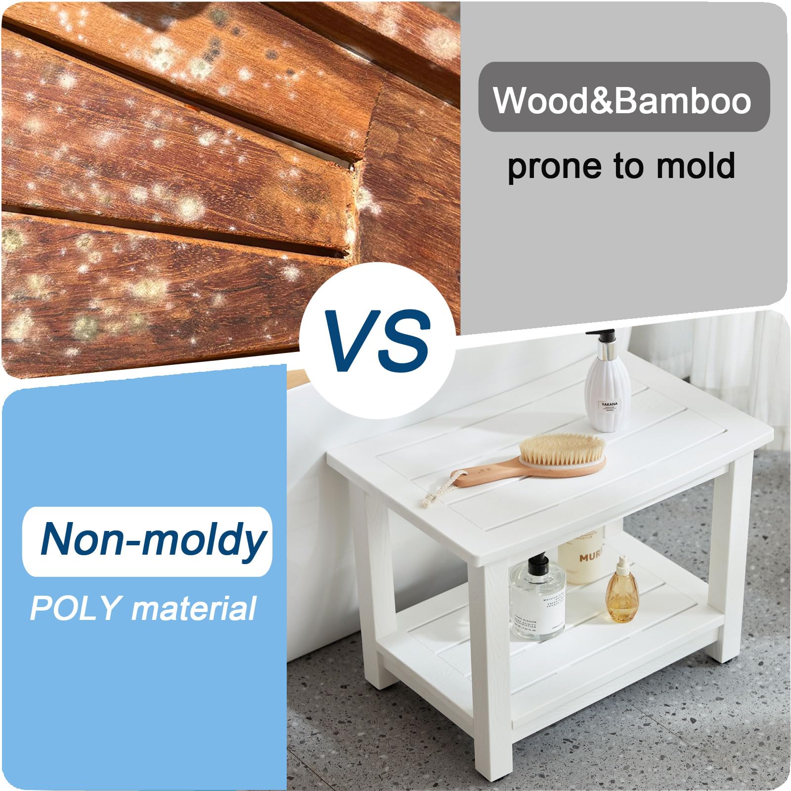 Heavy Duty Shower Bench For Inside Shower, White Poly Shower Stool Seat For Shaving Legs Or Spa Bath Seat, Waterproof Plastic Sh