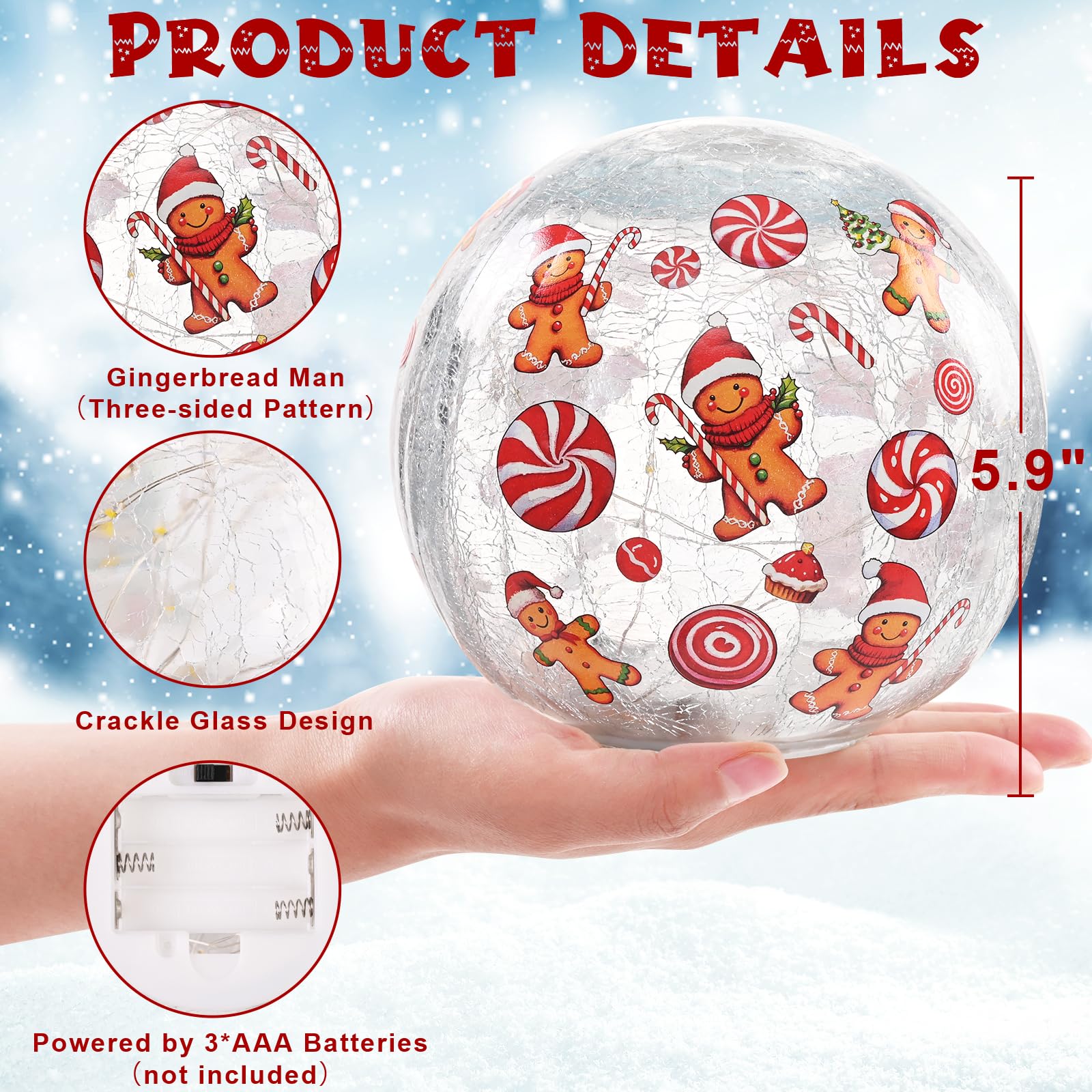 Yinhua Lighted Christmas Decorations Indoor, 5.9 Gingerbread Man Crackle Glass Balls, Light Up Christmas Globe Light with Timer,