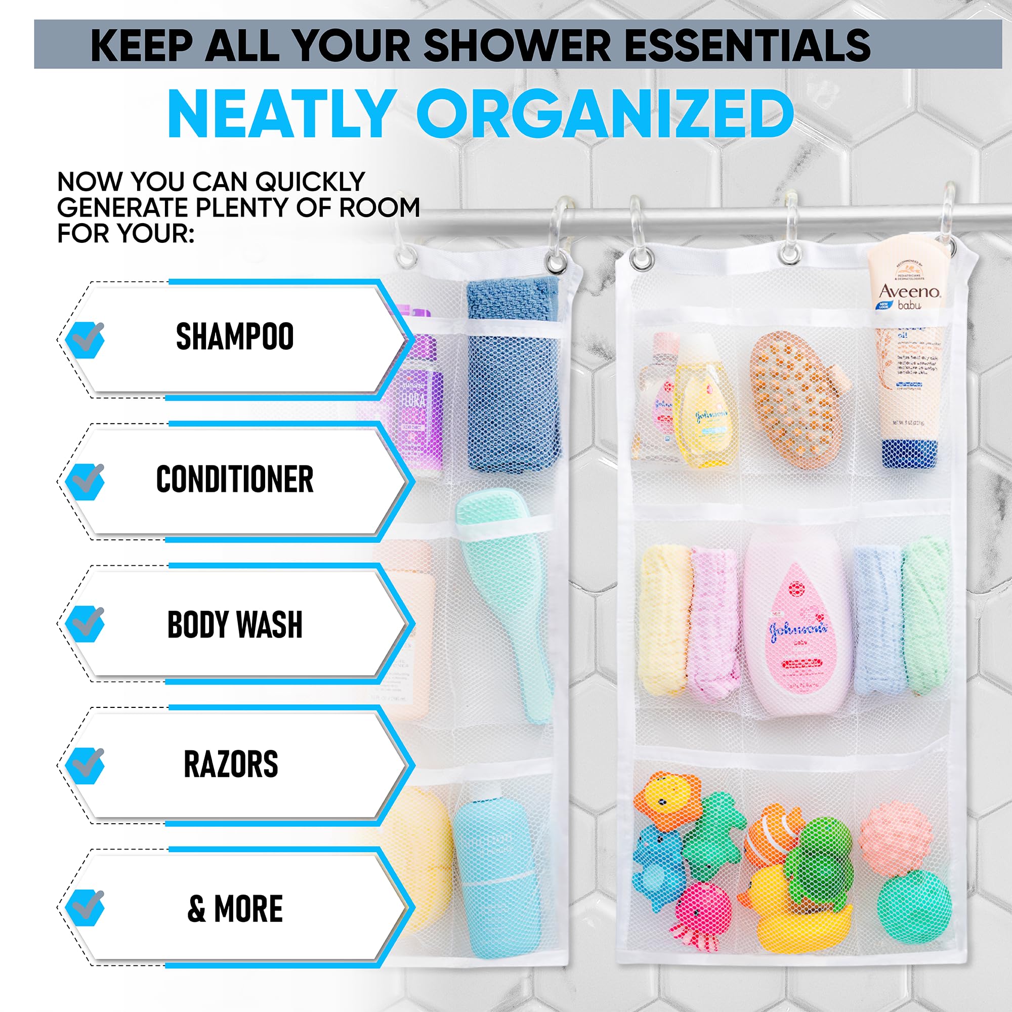Handy Laundry 9 Pocket Shower Curtain Organizer - White, Durable Mesh for Toiletries & Toys, Model 5098