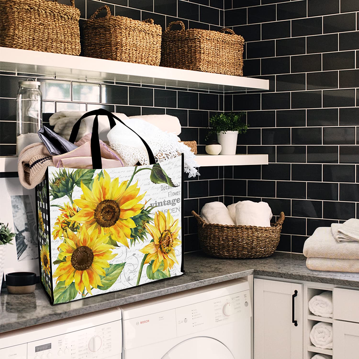 Nymphfable 5 Pack Reusable Shopping Bags Sun Flowers Washable Grocery Bags Fabric Tote Bag