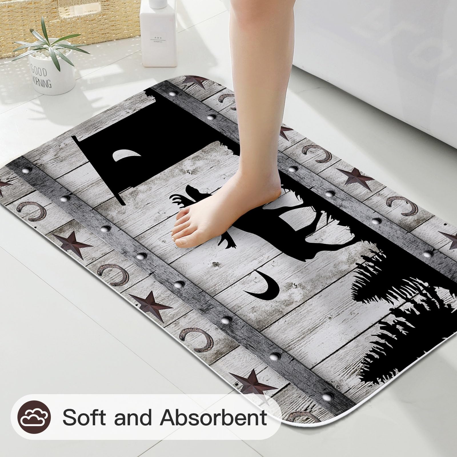 Litabel 4 Pcs Forest Deer Shower Curtain Set With Non-Slip Rugs, Toilet Lid Cover And Bath Mat, Wooden Bathroom Decor Set With S